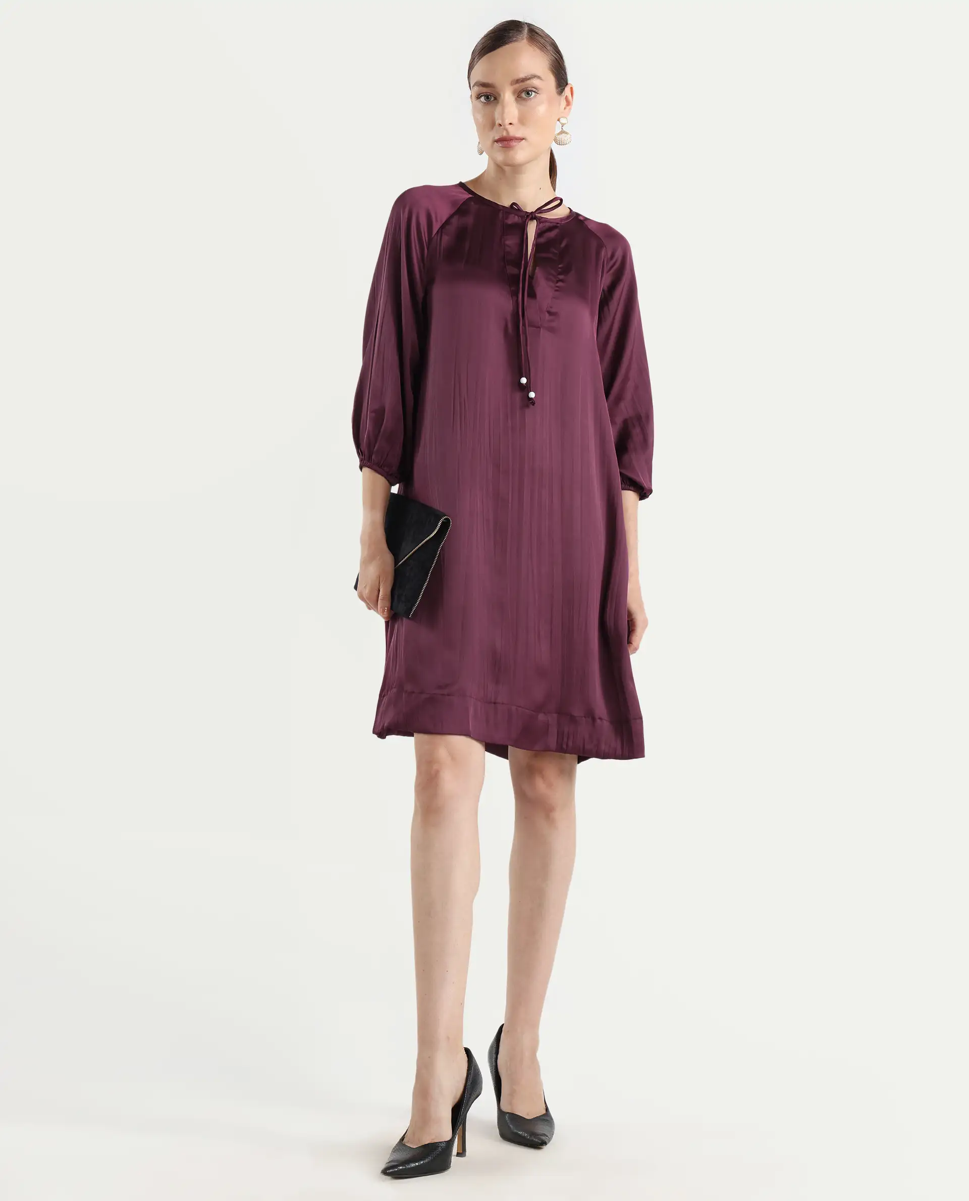 Rareism Women's Choki Dark Purple Polyester Tie-Up Neck Plain Raglan Sleeve Mini Relaxed Fit Dress - Image 2