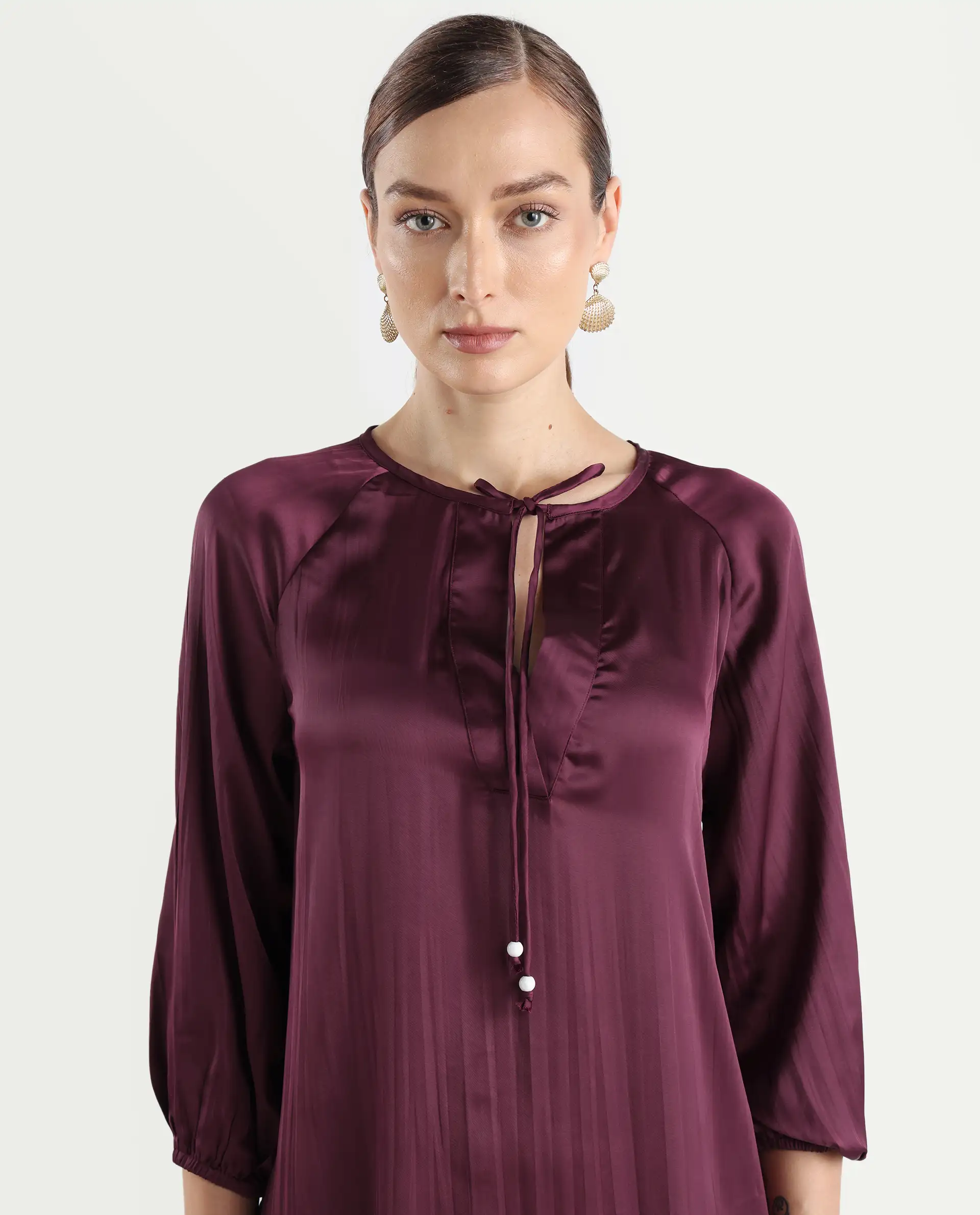 Rareism Women's Choki Dark Purple Polyester Tie-Up Neck Plain Raglan Sleeve Mini Relaxed Fit Dress - Image 4