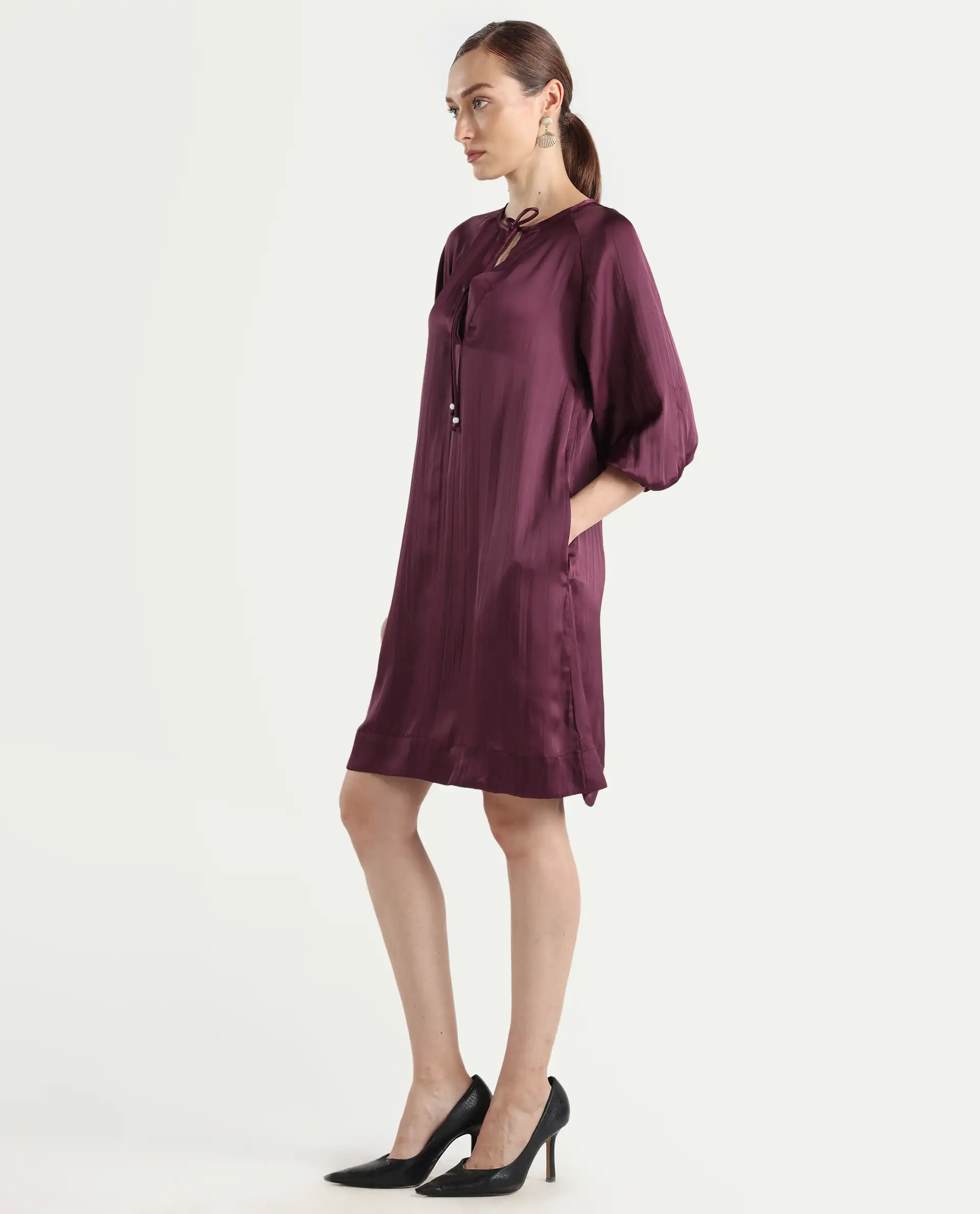 Rareism Women's Choki Dark Purple Polyester Tie-Up Neck Plain Raglan Sleeve Mini Relaxed Fit Dress - Image 5