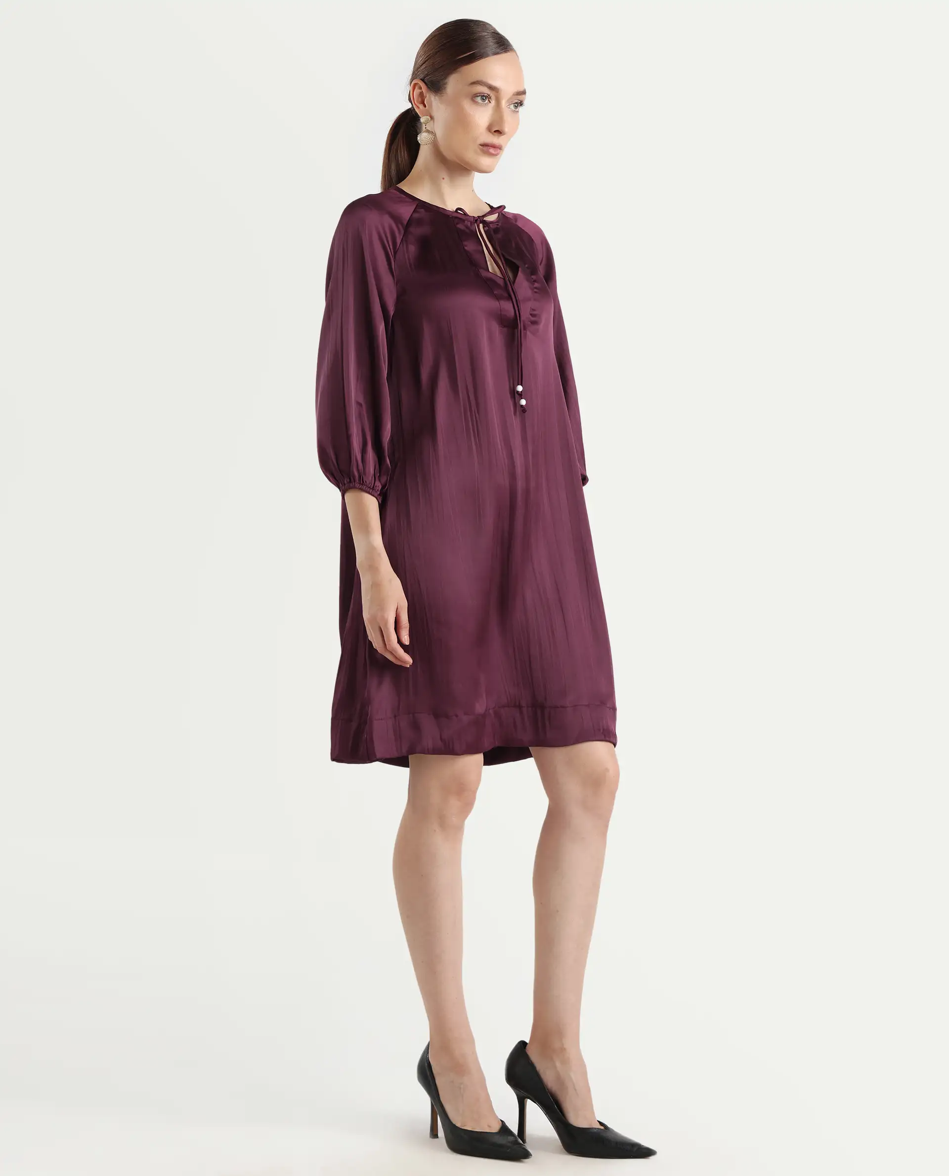 Rareism Women's Choki Dark Purple Polyester Tie-Up Neck Plain Raglan Sleeve Mini Relaxed Fit Dress - Image 6