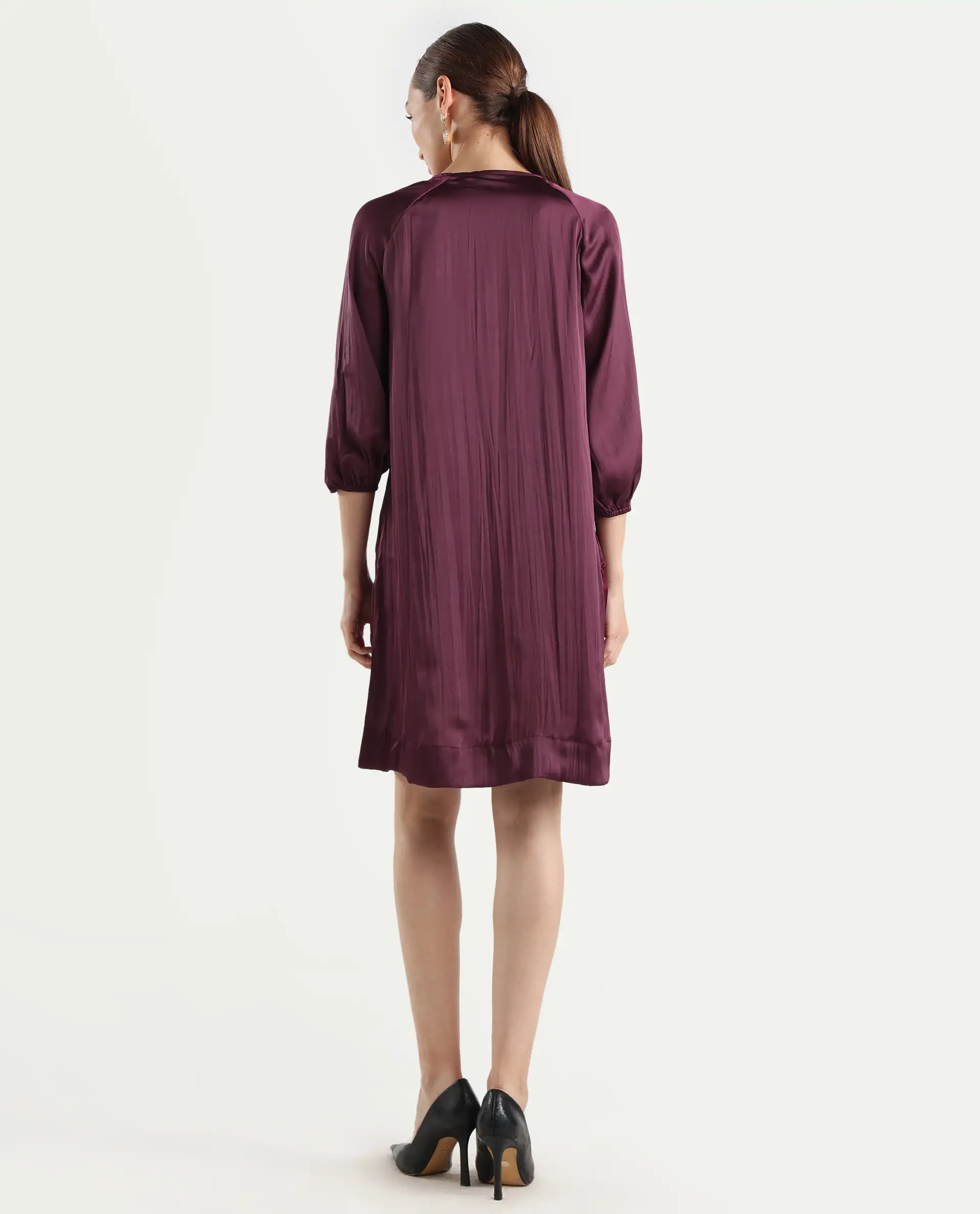Rareism Women's Choki Dark Purple Polyester Tie-Up Neck Plain Raglan Sleeve Mini Relaxed Fit Dress - Image 7