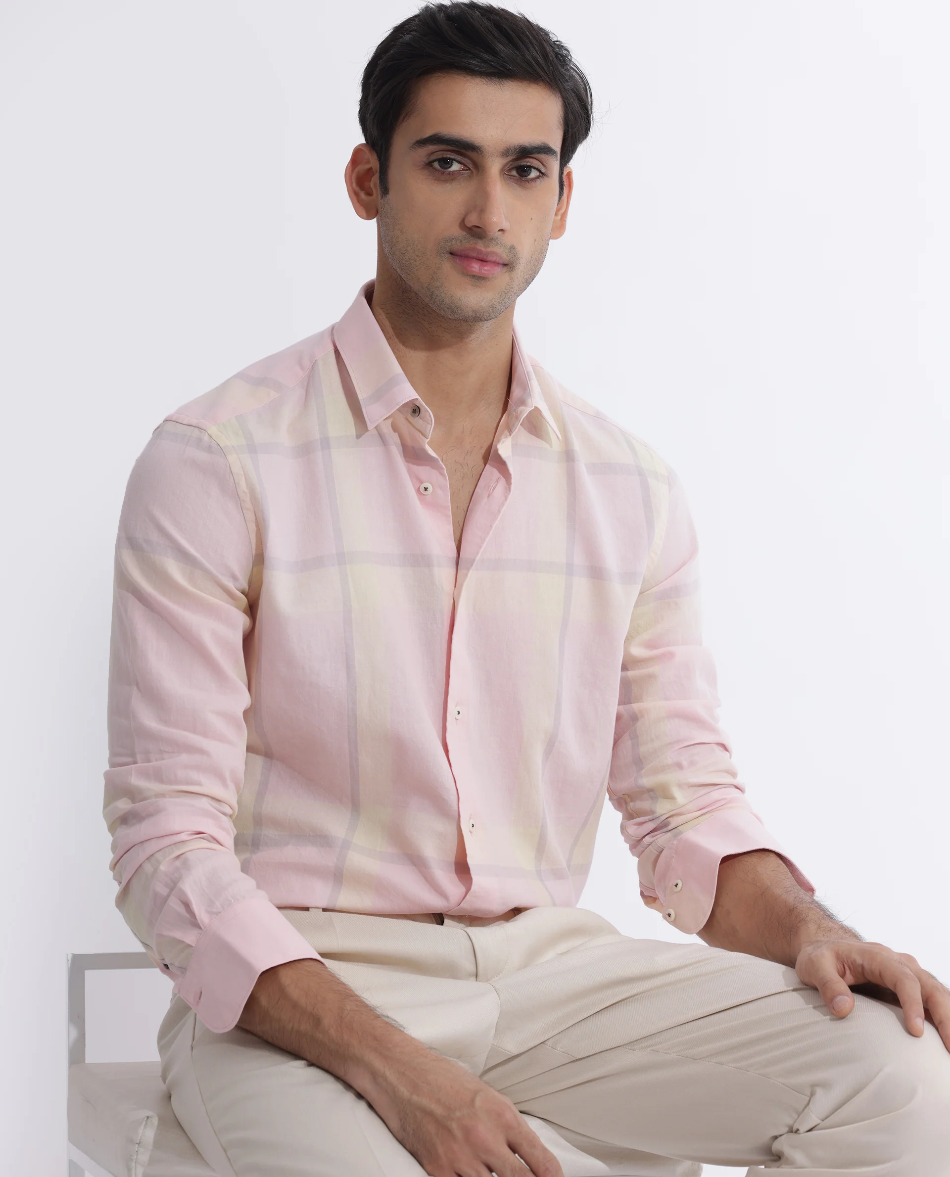 Rare Rabbit Men's Chopitn Pink Cotton Checked Print Regular Fit Full Sleeve Collared Shirt