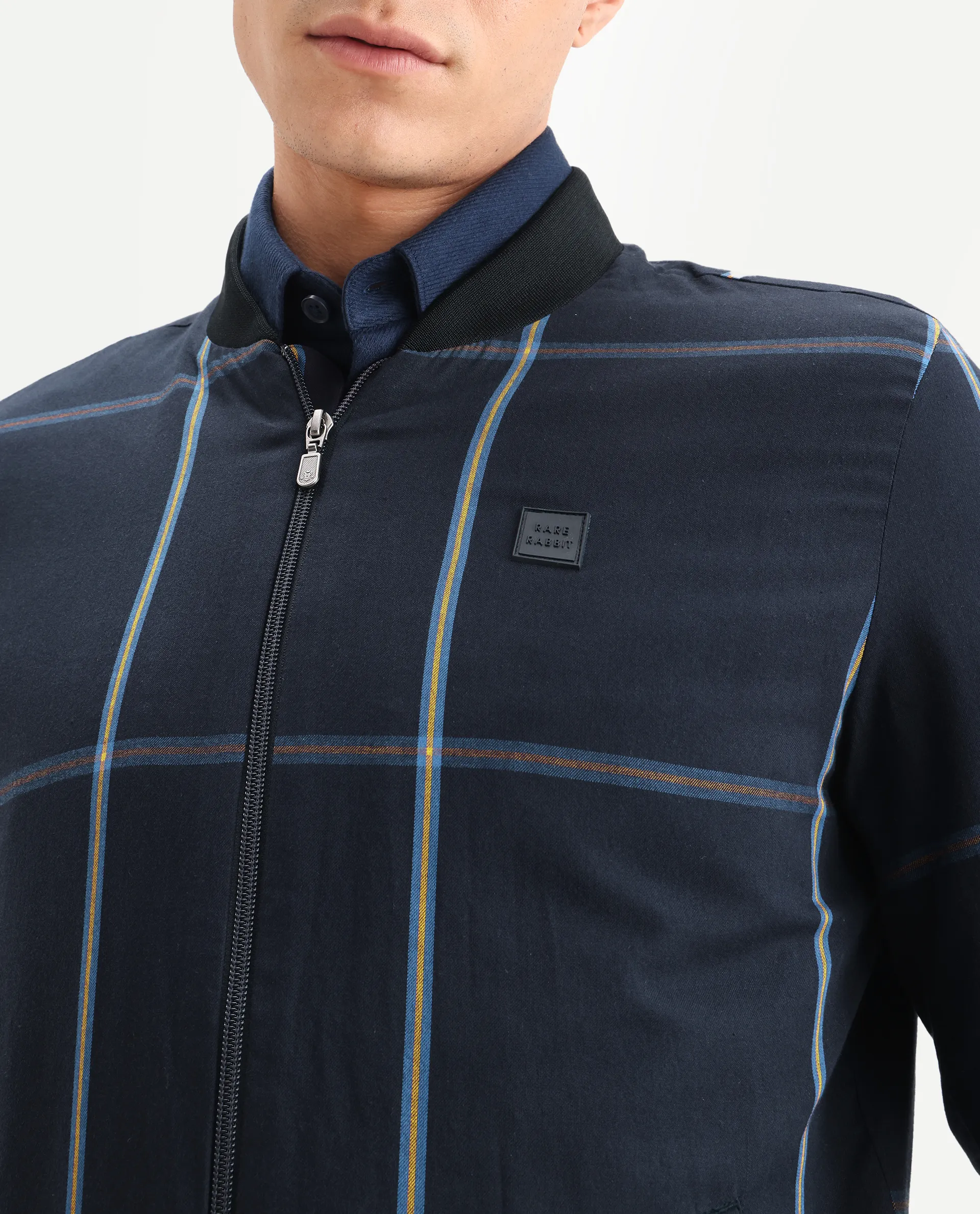 Rare Rabbit Men's Chopper Navy Cotton Striped Print Regular Fit Full Sleeve Mandarin Collar Jacket - Image 3