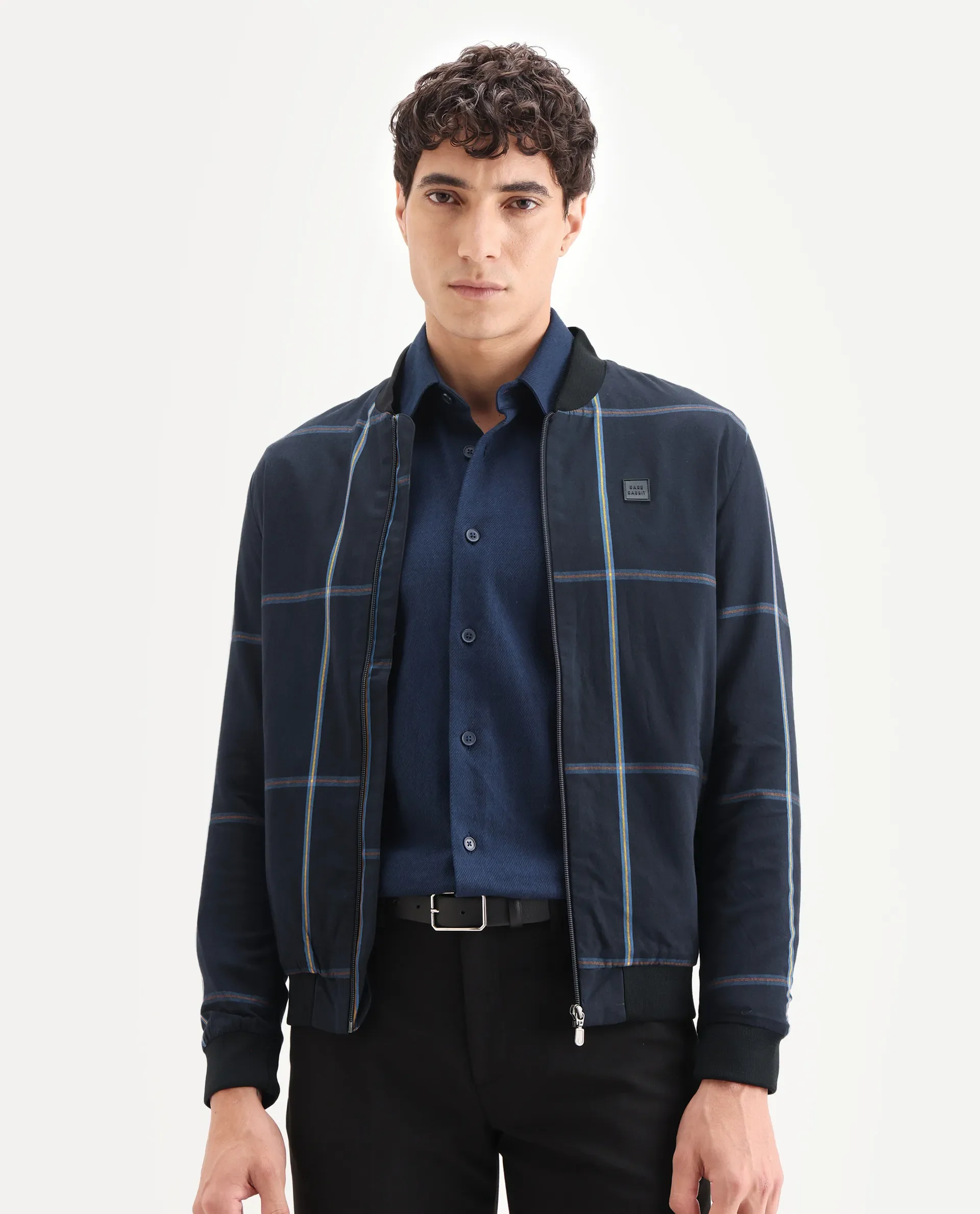 Rare Rabbit Men's Chopper Navy Cotton Striped Print Regular Fit Full Sleeve Mandarin Collar Jacket - Image 4