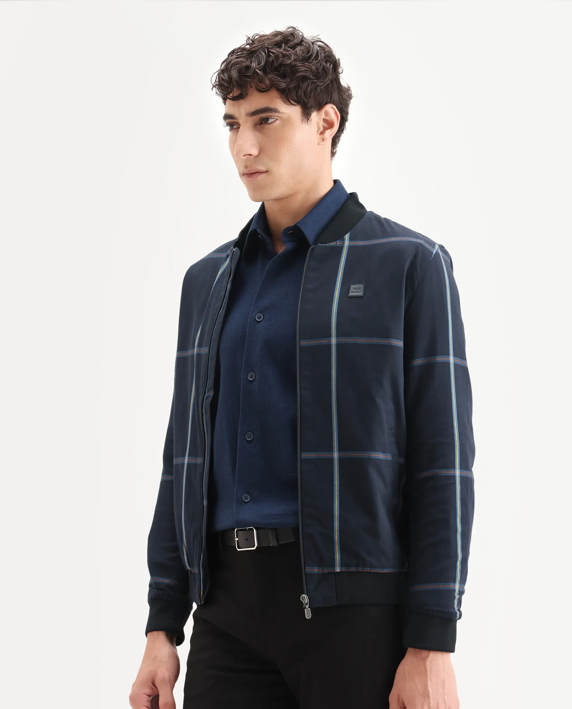 Rare Rabbit Men's Chopper Navy Cotton Striped Print Regular Fit Full Sleeve Mandarin Collar Jacket - Image 5