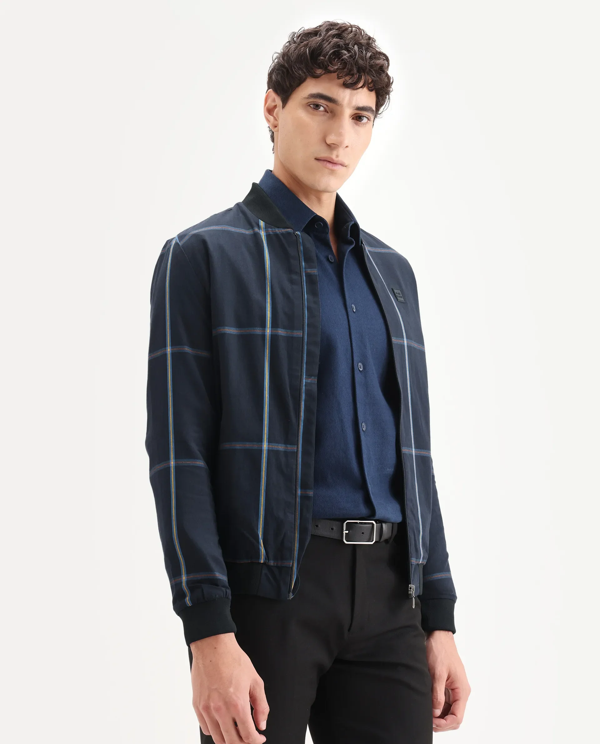 Rare Rabbit Men's Chopper Navy Cotton Striped Print Regular Fit Full Sleeve Mandarin Collar Jacket - Image 6