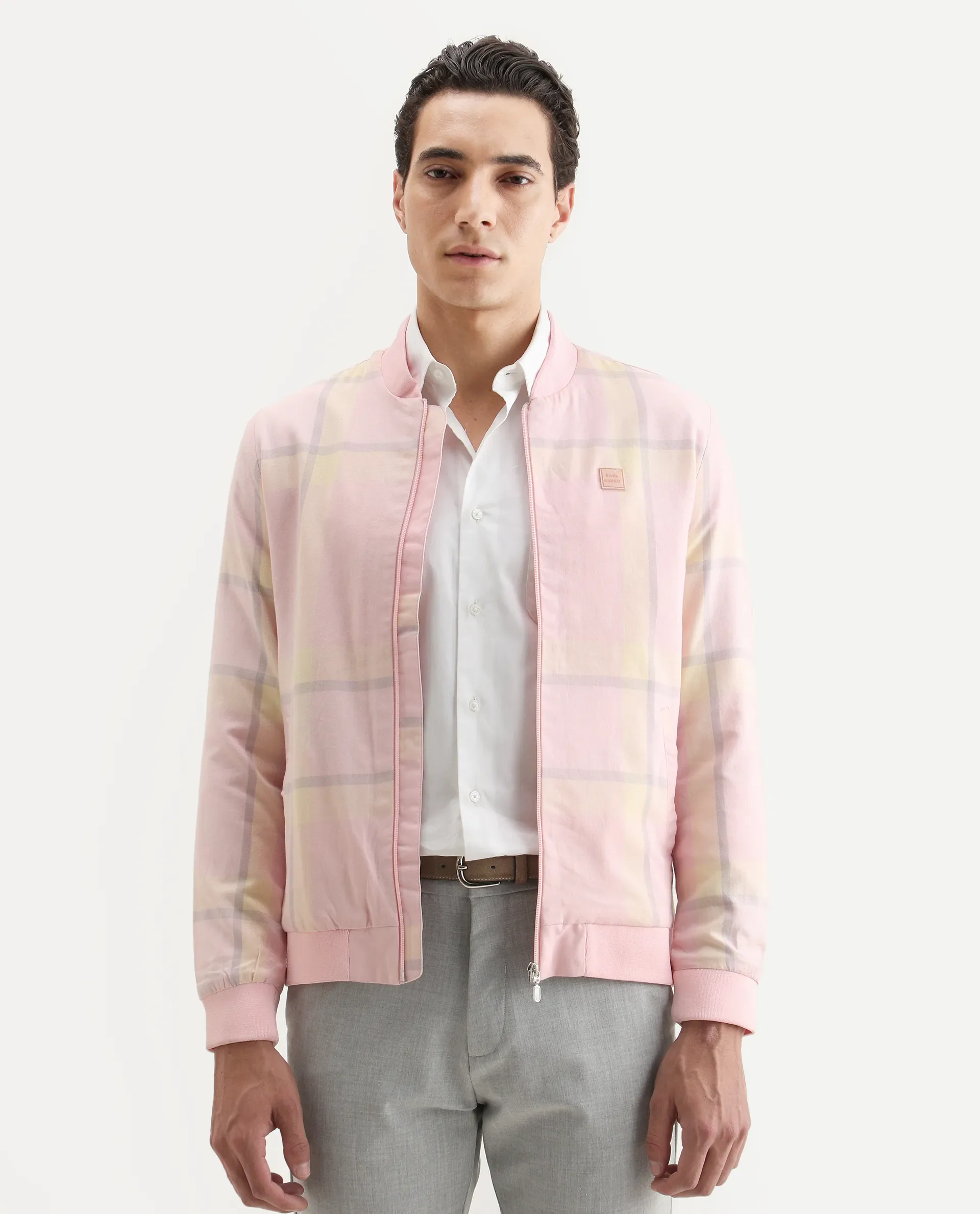 Rare Rabbit Men's Chopper Pink Cotton Striped Print Regular Fit Full Sleeve Mandarin Collar Jacket - Image 3