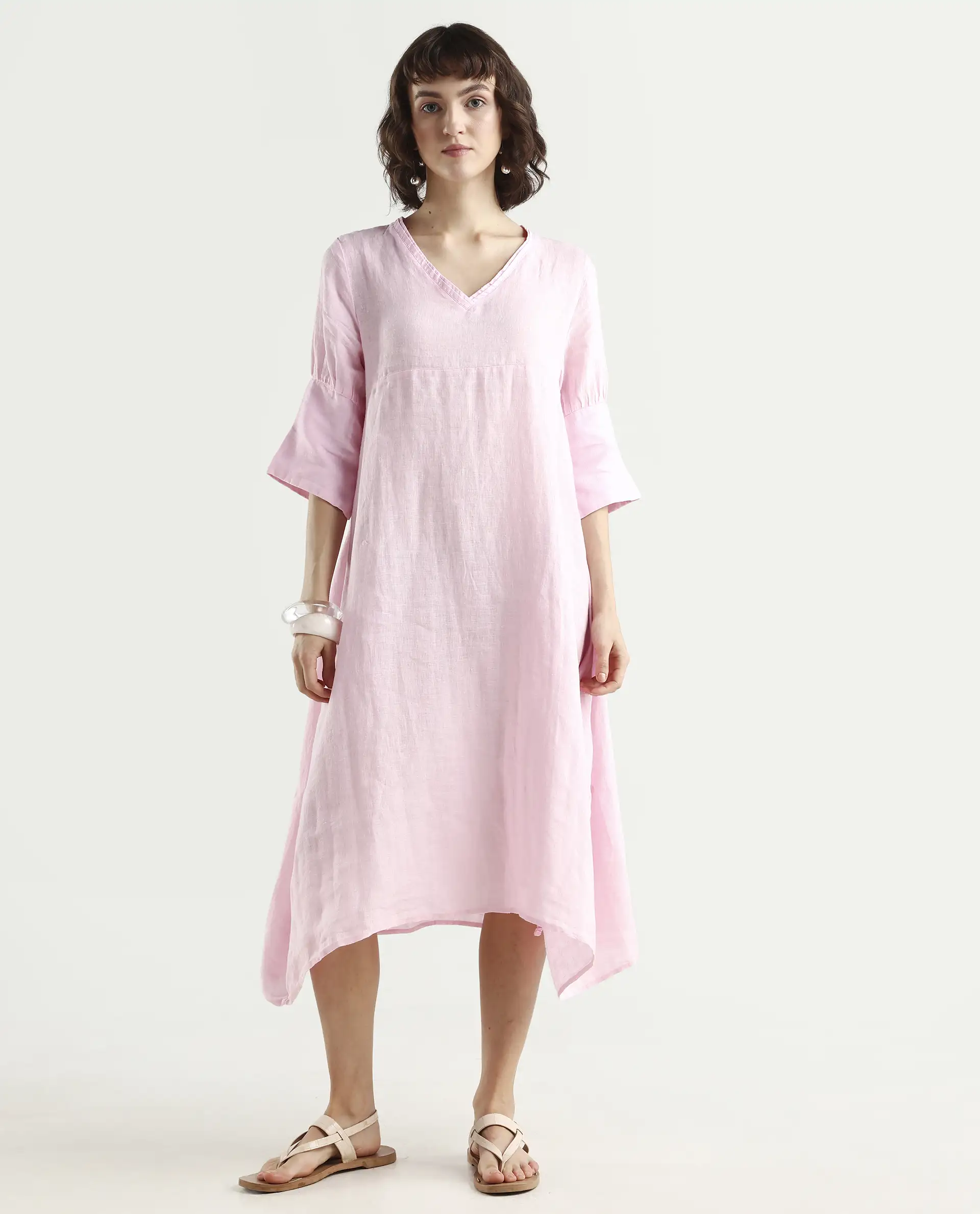 Rareism Women's Chreey 1 Pink Linen V-Neck Plain Extended Sleeves Knee Length Relaxed Fit Dress - Image 2