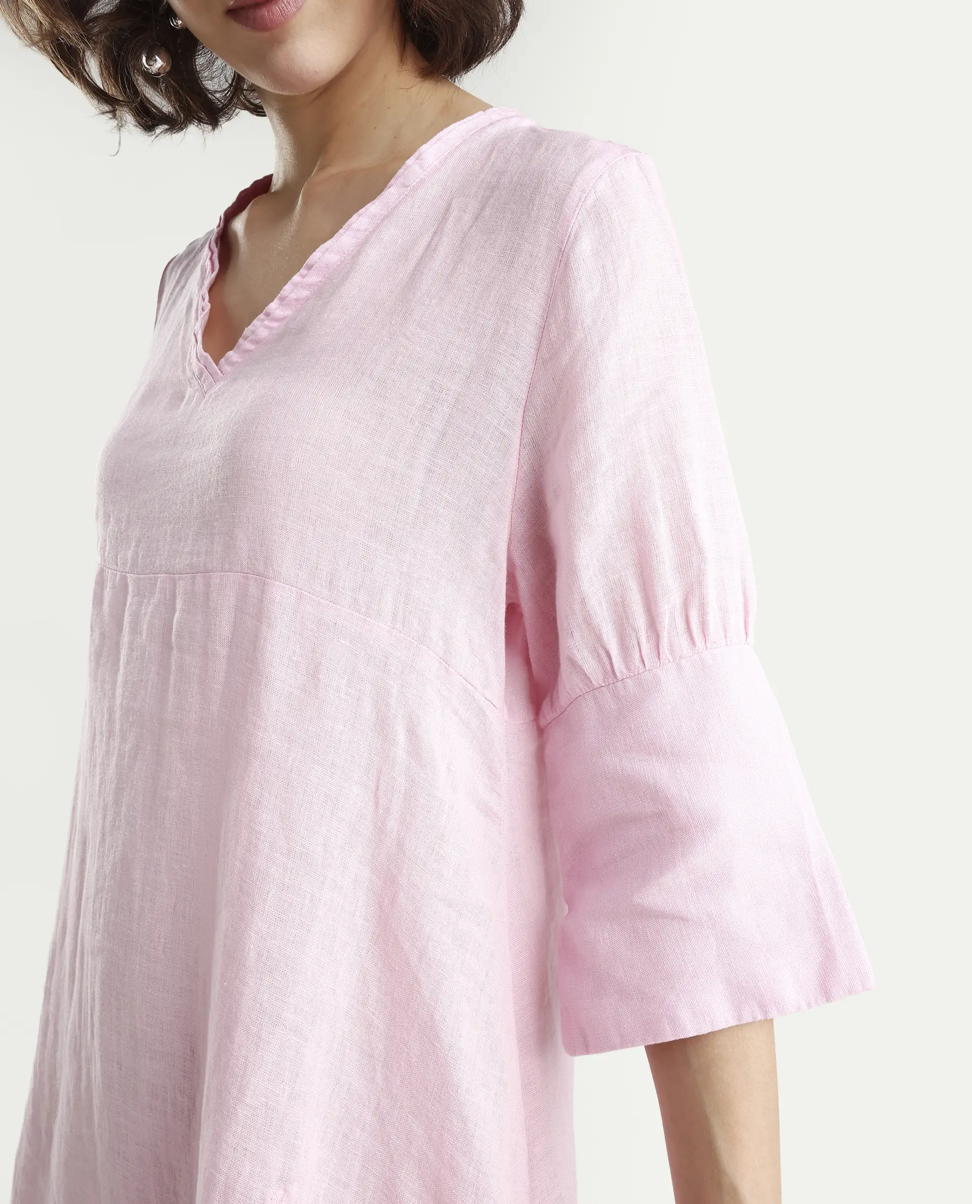 Rareism Women's Chreey 1 Pink Linen V-Neck Plain Extended Sleeves Knee Length Relaxed Fit Dress - Image 3