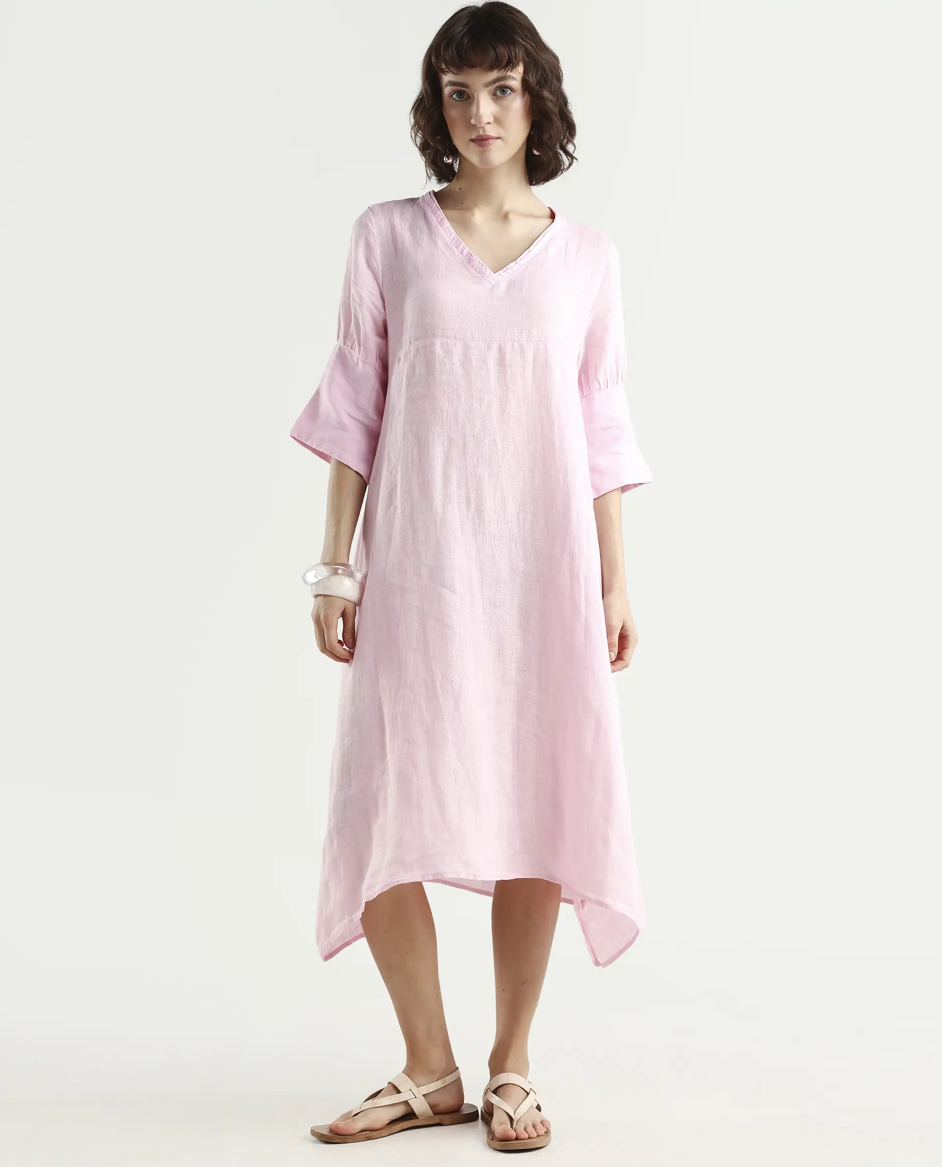 Rareism Women's Chreey 1 Pink Linen V-Neck Plain Extended Sleeves Knee Length Relaxed Fit Dress - Image 4