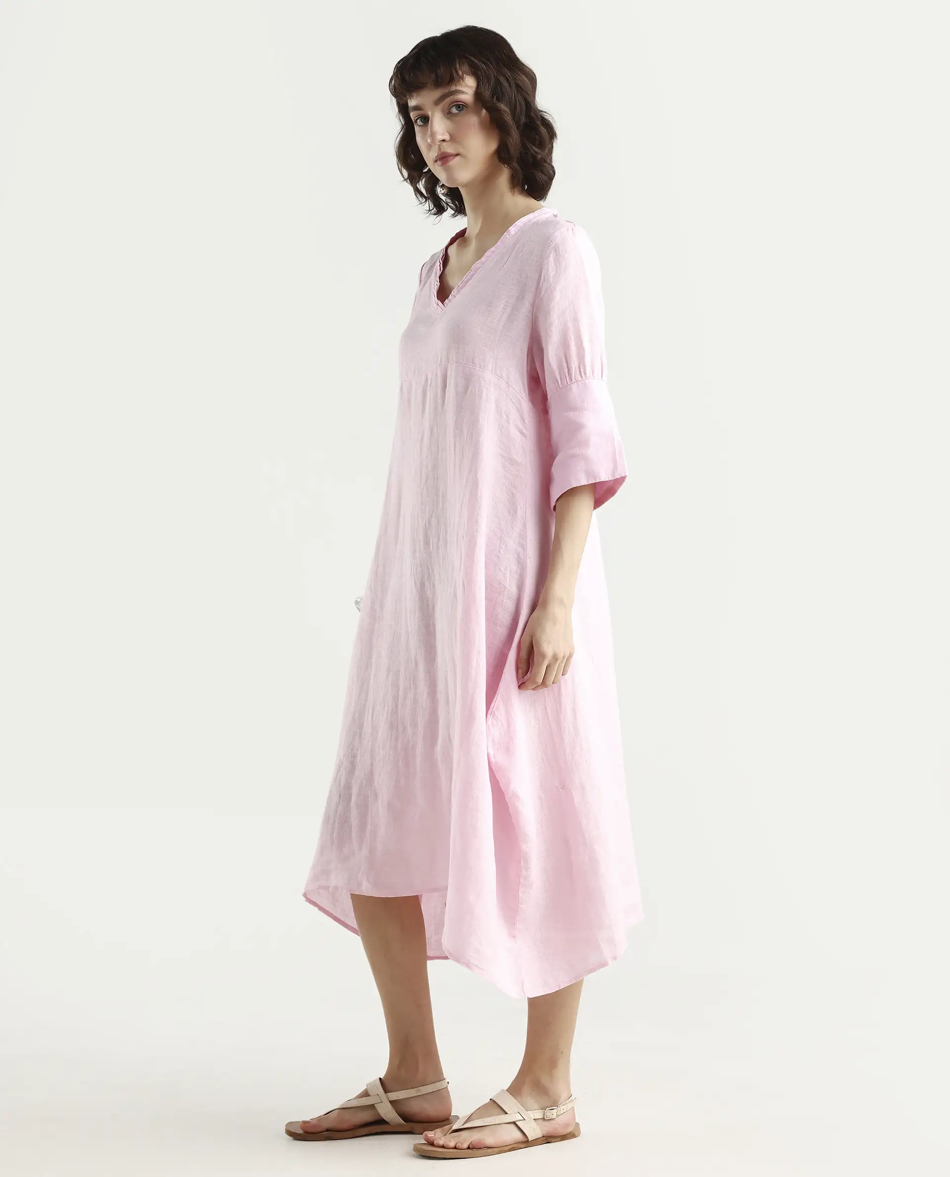 Rareism Women's Chreey 1 Pink Linen V-Neck Plain Extended Sleeves Knee Length Relaxed Fit Dress - Image 5