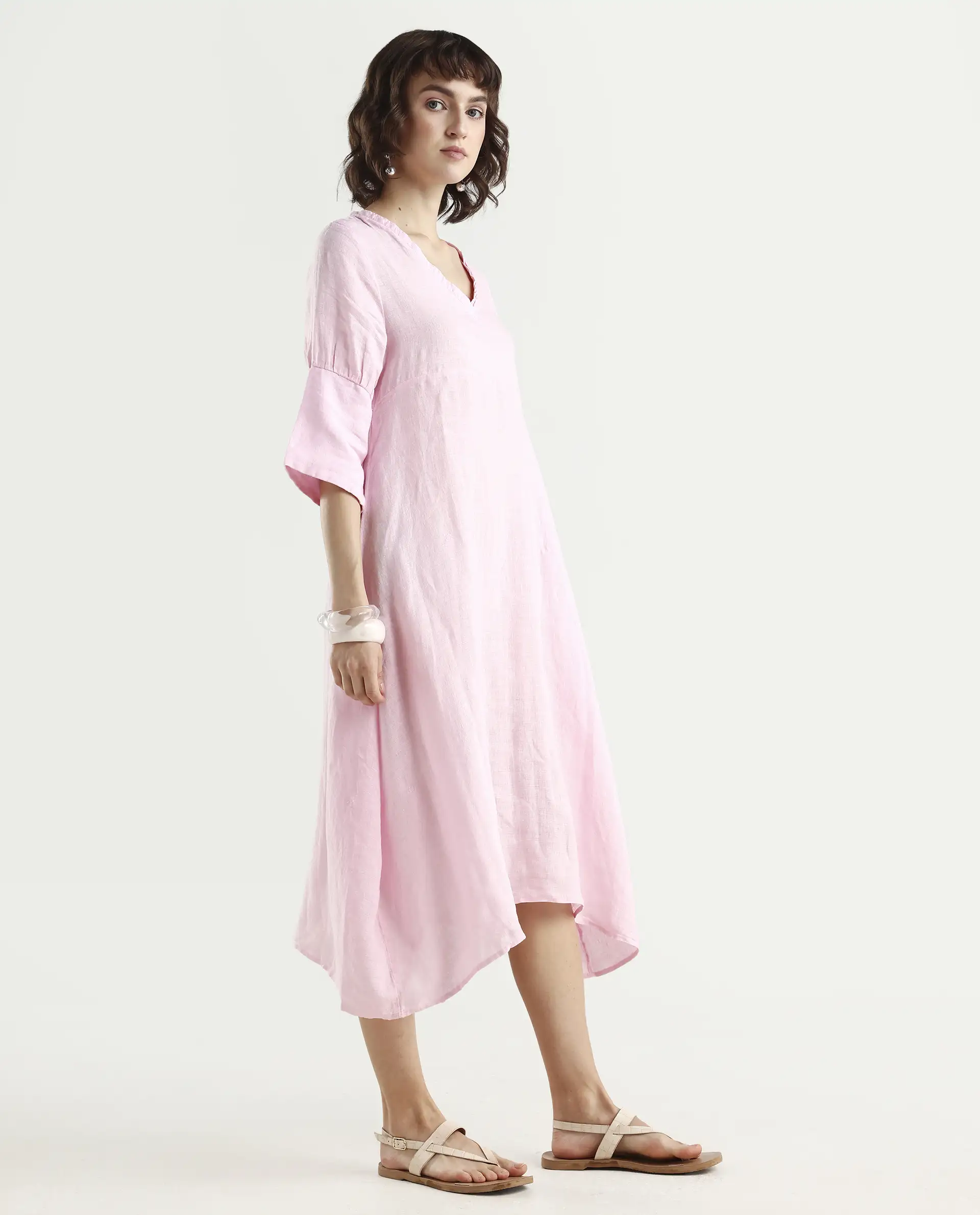 Rareism Women's Chreey 1 Pink Linen V-Neck Plain Extended Sleeves Knee Length Relaxed Fit Dress - Image 6