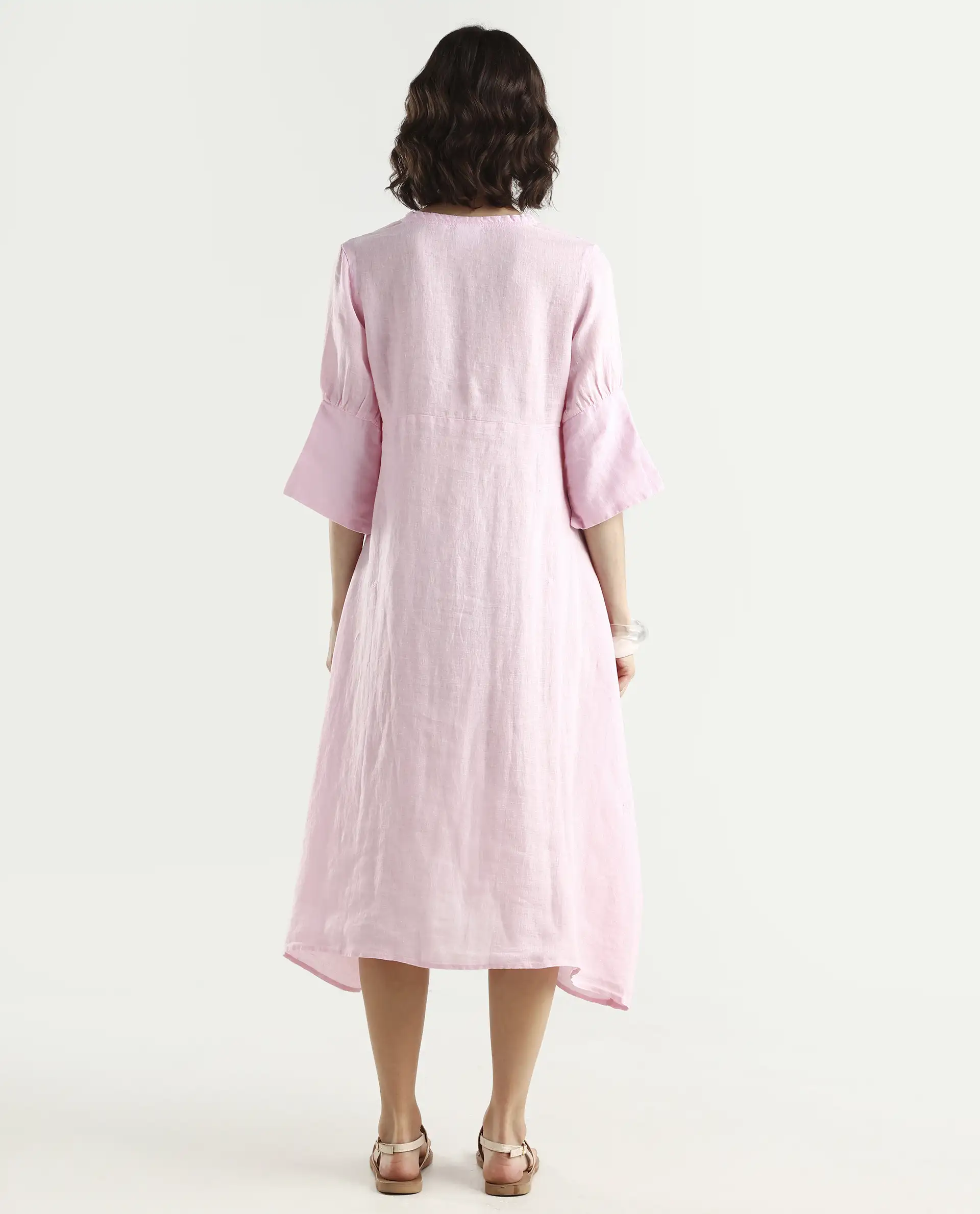 Rareism Women's Chreey 1 Pink Linen V-Neck Plain Extended Sleeves Knee Length Relaxed Fit Dress - Image 7
