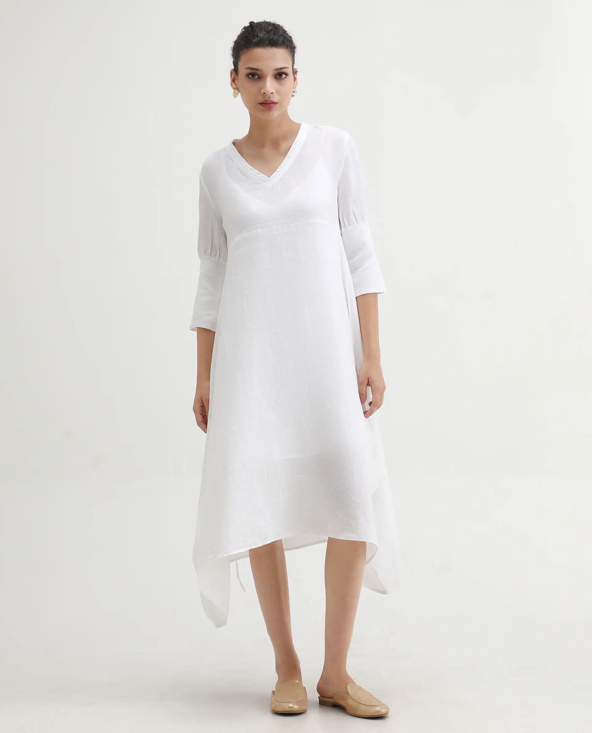 Rareism Women's Cherry 1 White Linen V-Neck Plain Extended Sleeves Knee Length Relaxed Fit Dress - Image 5