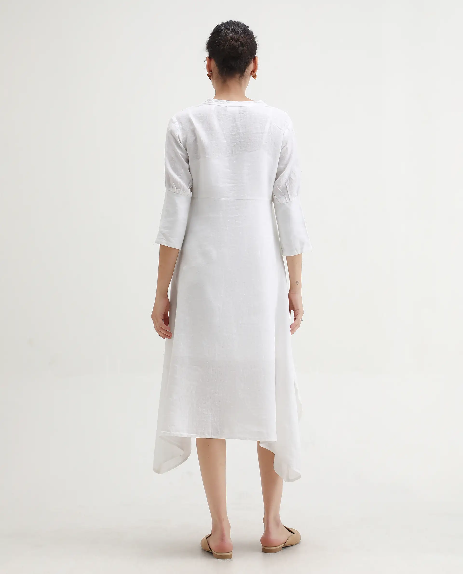Rareism Women's Cherry 1 White Linen V-Neck Plain Extended Sleeves Knee Length Relaxed Fit Dress - Image 7