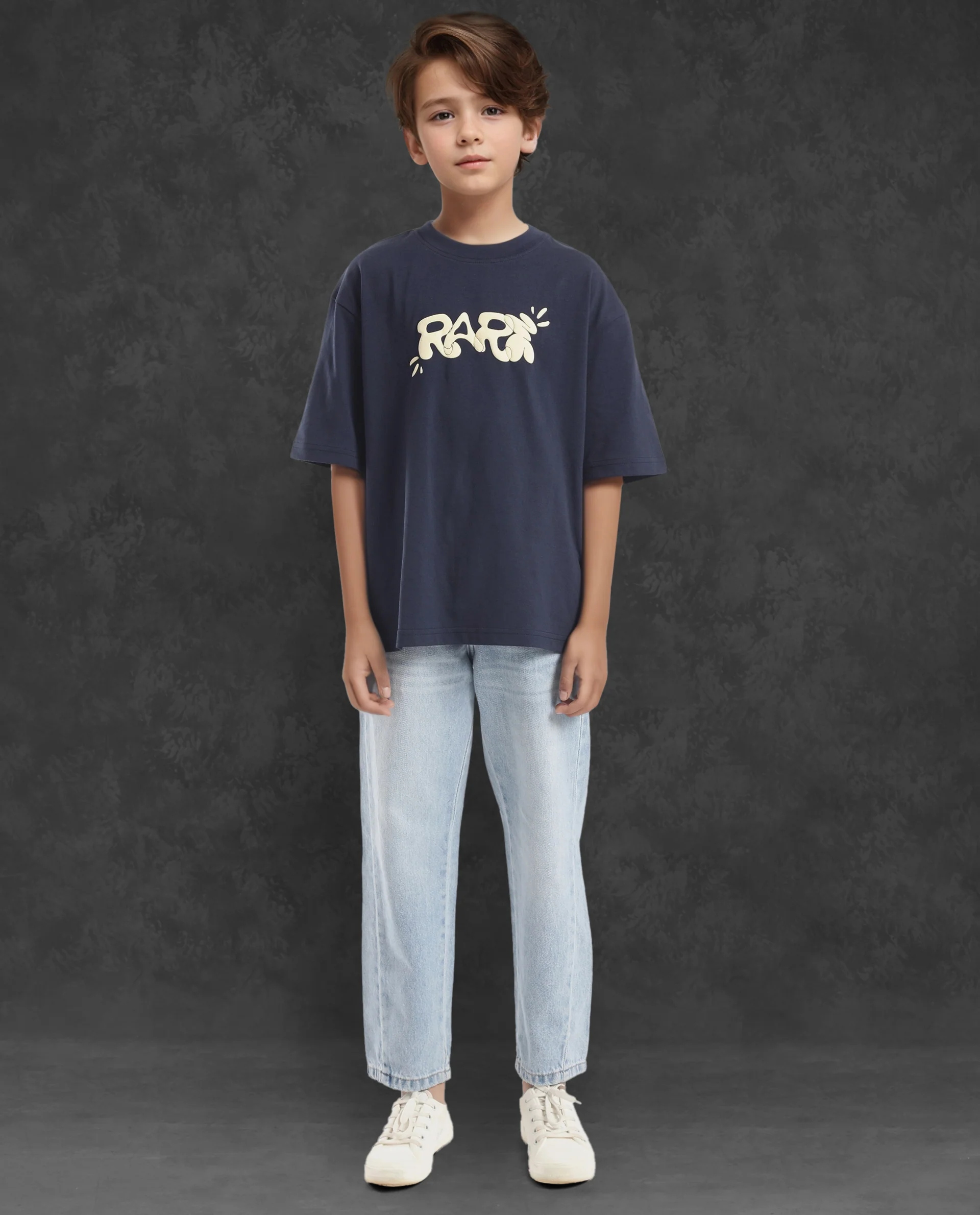 Rare Ones Kids Chris Navy Cotton Half Sleeves Crew Neck Oversized Fit Graphic Print T-Shirt - Image 4