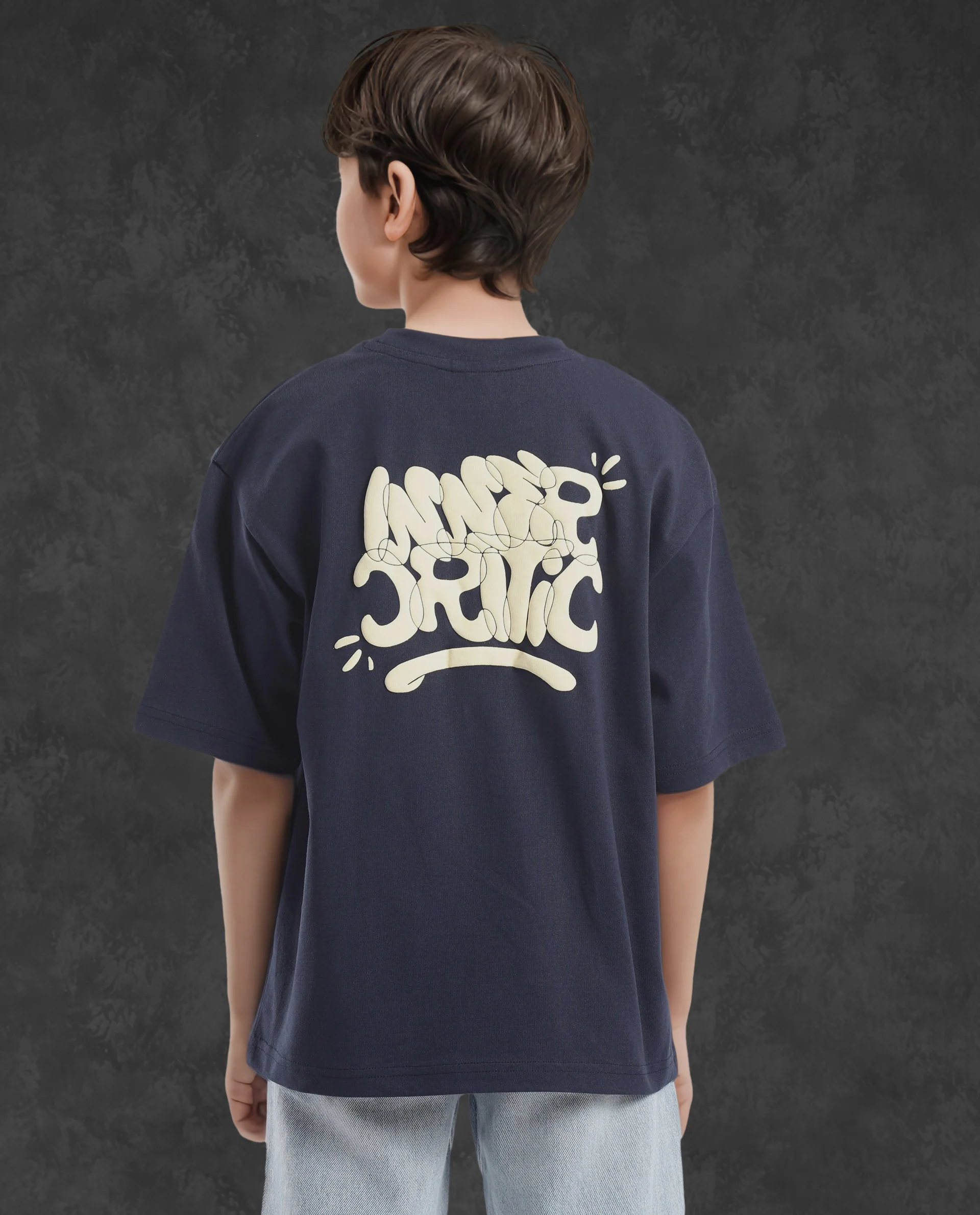 Rare Ones Kids Chris Navy Cotton Half Sleeves Crew Neck Oversized Fit Graphic Print T-Shirt - Image 9