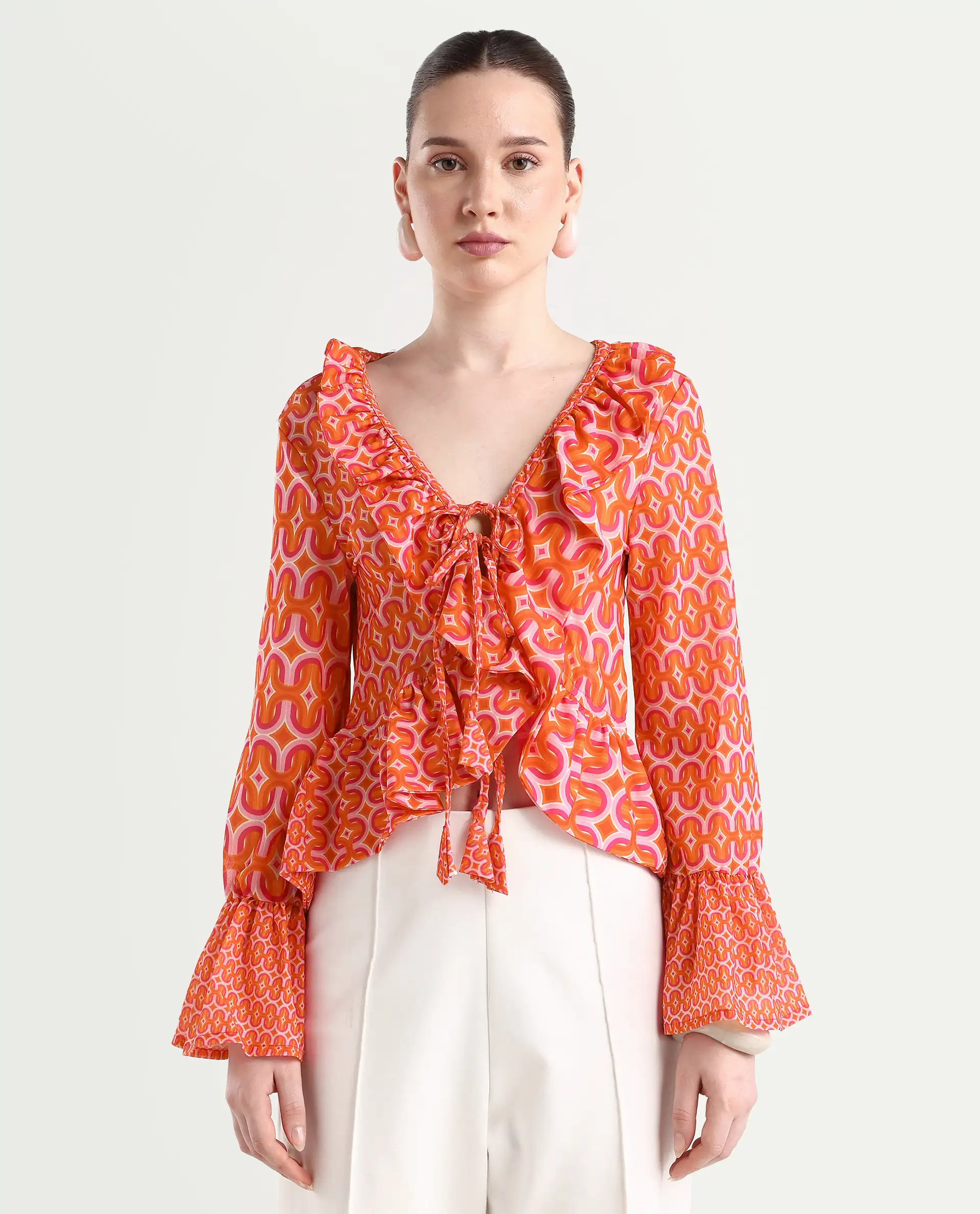 Rareism Women's Christa Multi Cotton V-Neck Geometric Print Bell Sleeve Regular Fit Shrug - Image 3