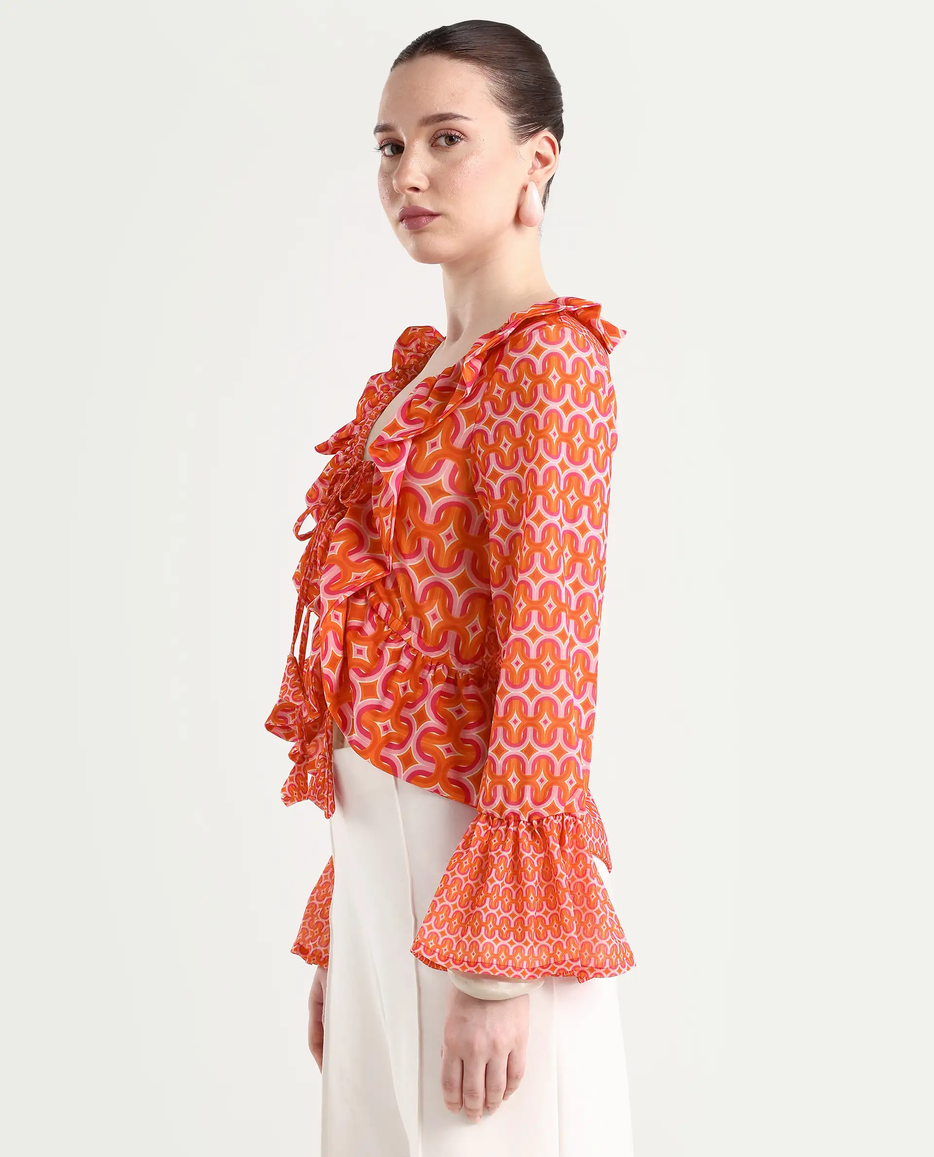 Rareism Women's Christa Multi Cotton V-Neck Geometric Print Bell Sleeve Regular Fit Shrug - Image 5