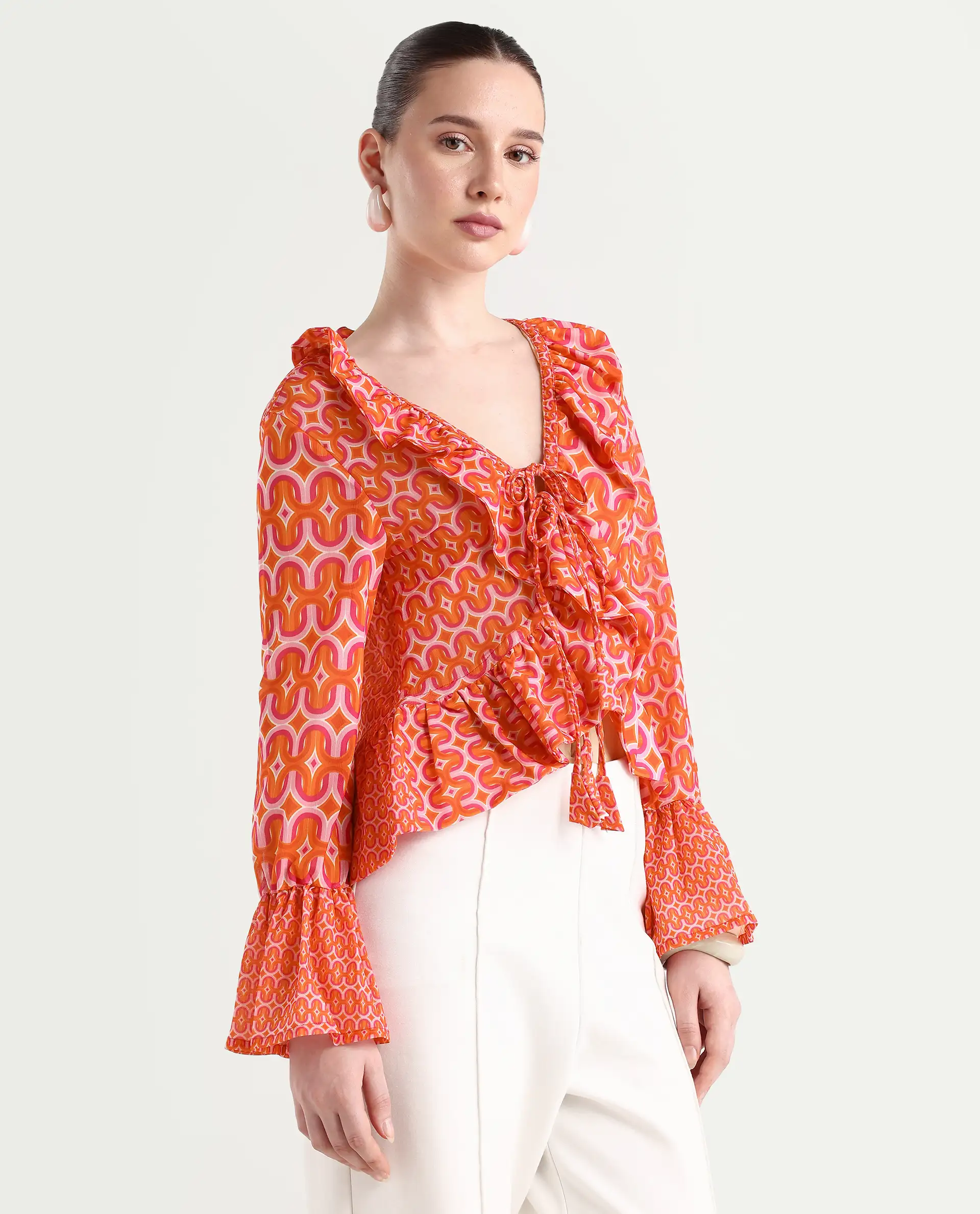 Rareism Women's Christa Multi Cotton V-Neck Geometric Print Bell Sleeve Regular Fit Shrug - Image 6