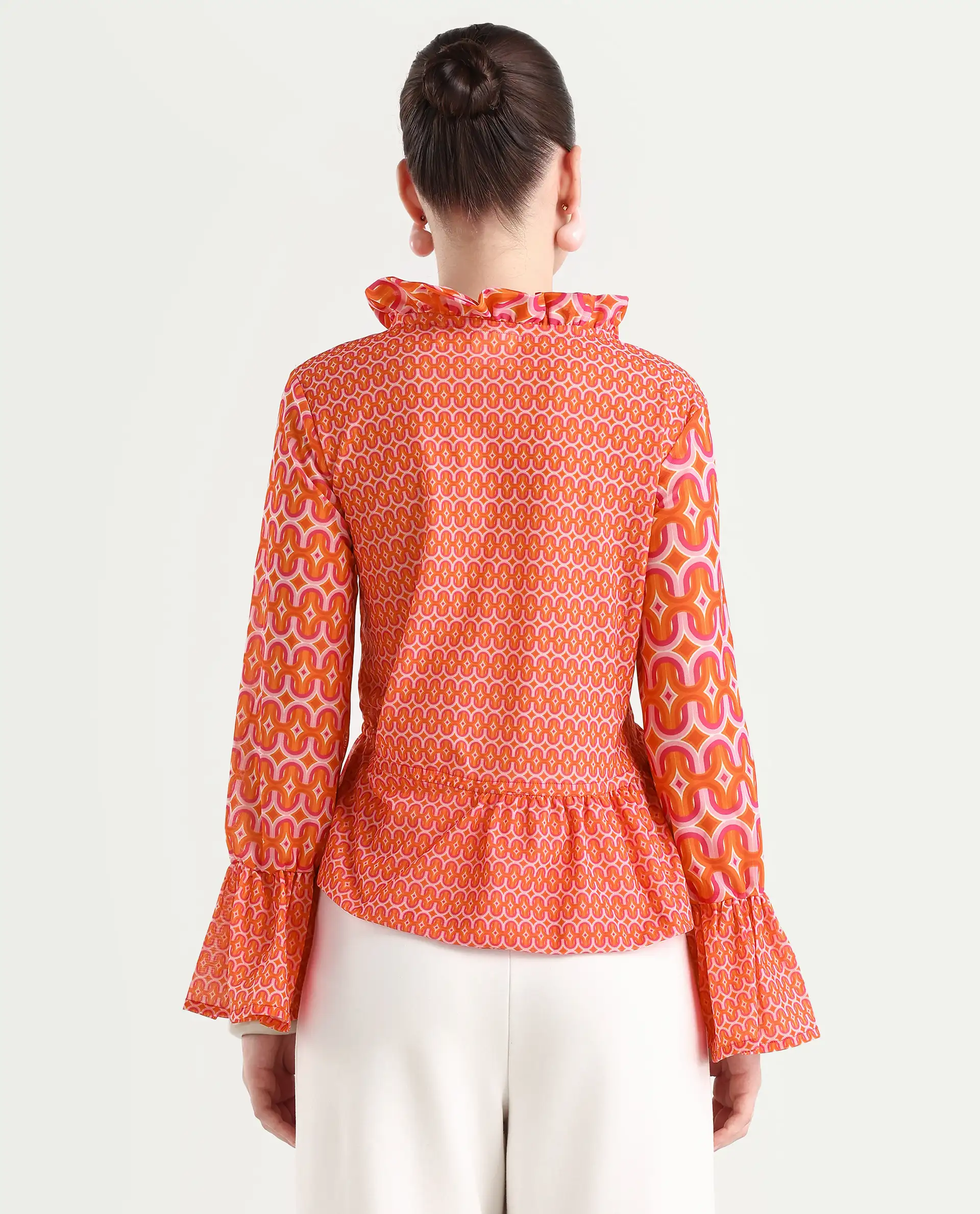Rareism Women's Christa Multi Cotton V-Neck Geometric Print Bell Sleeve Regular Fit Shrug - Image 7