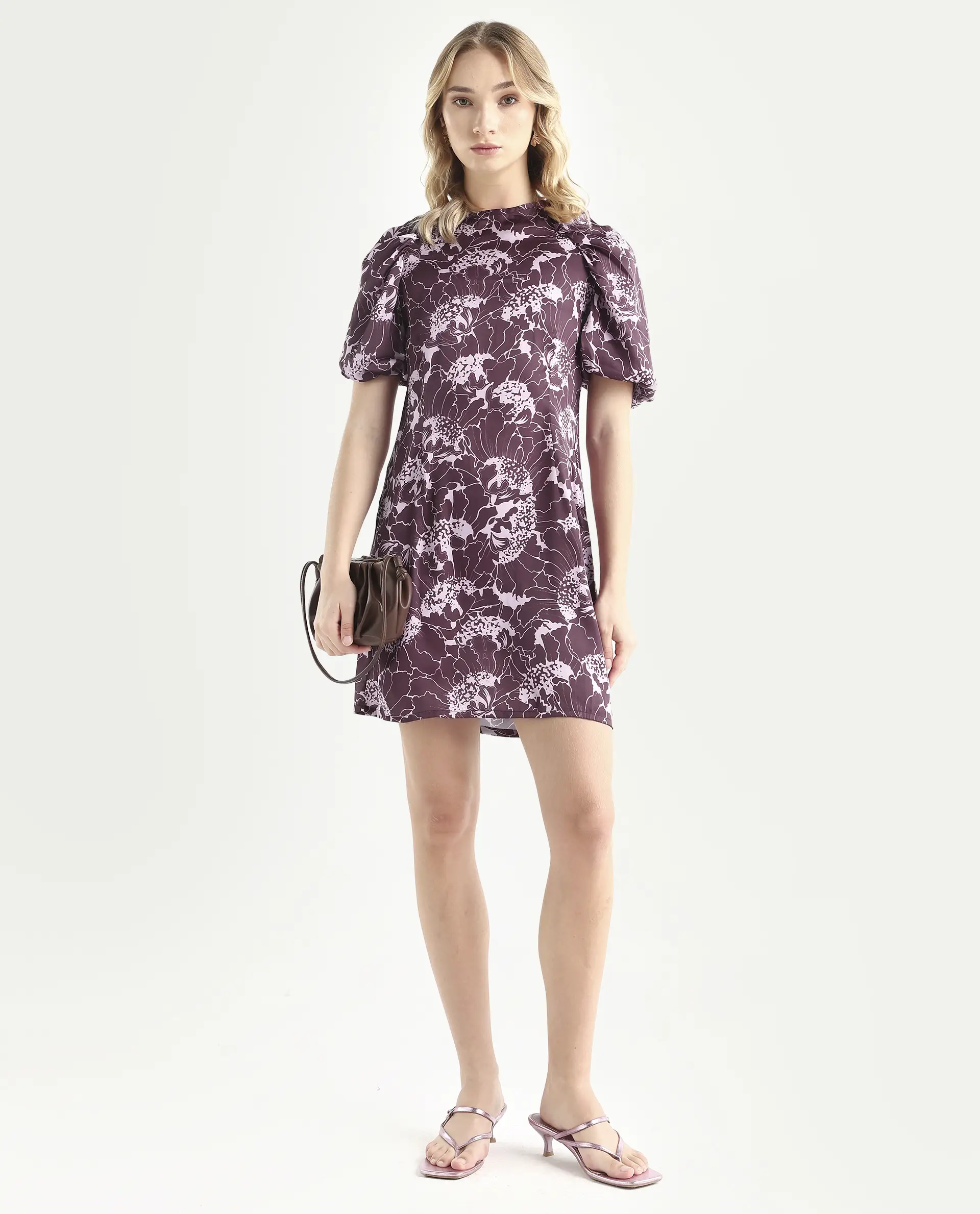 Rareism Women's Christie Dark Maroon Polyester Crew Neck Floral Print Puff Sleeves Mini Slim Fit Dress - Image 2