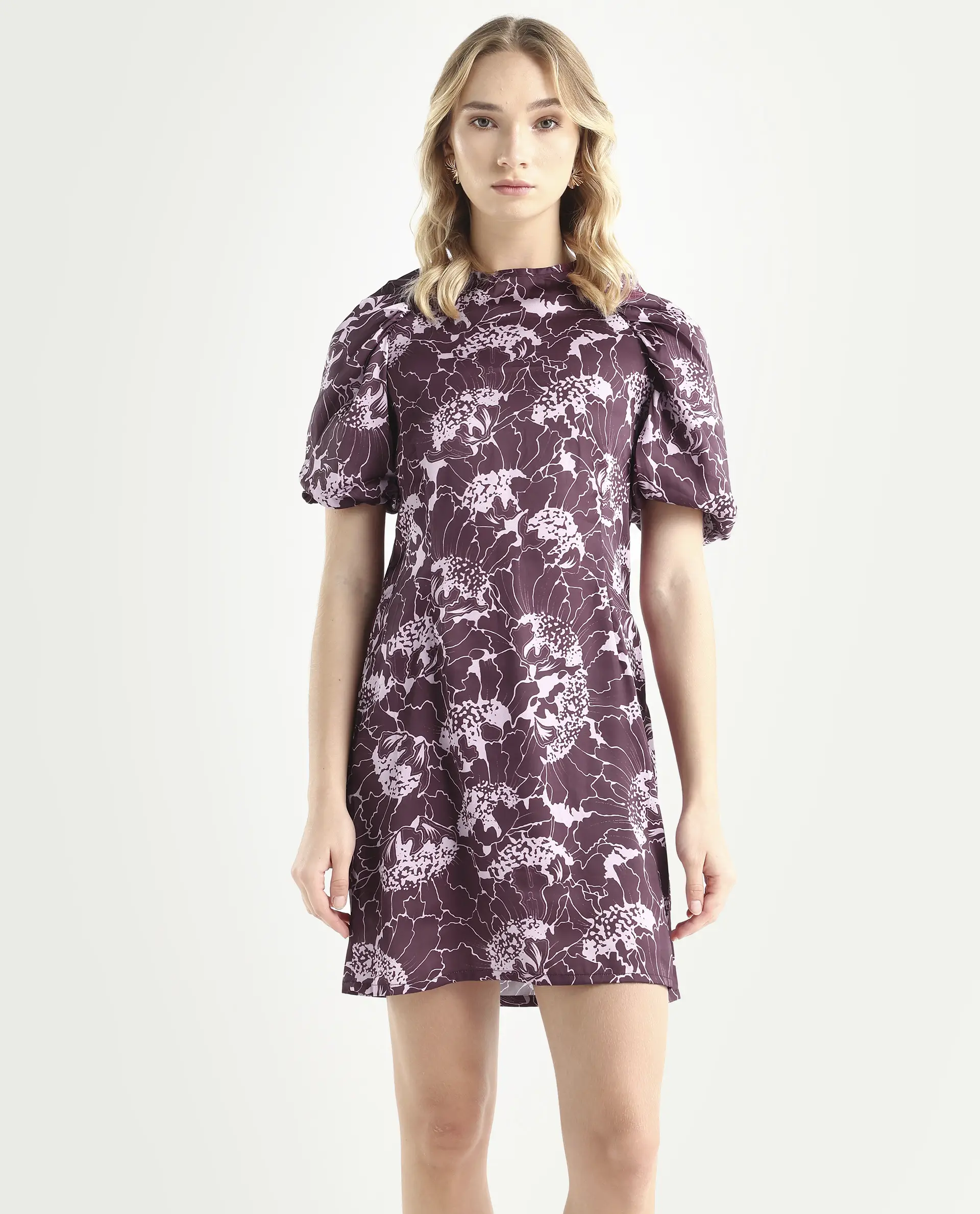 Rareism Women's Christie Dark Maroon Polyester Crew Neck Floral Print Puff Sleeves Mini Slim Fit Dress - Image 3