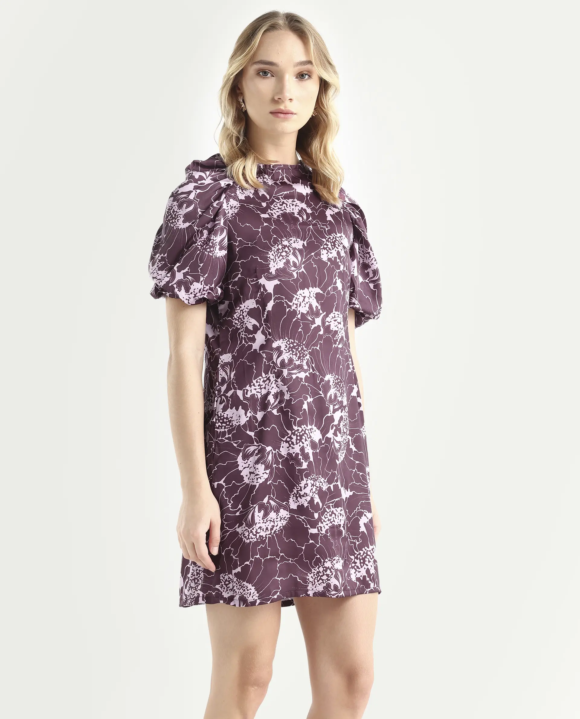 Rareism Women's Christie Dark Maroon Polyester Crew Neck Floral Print Puff Sleeves Mini Slim Fit Dress - Image 5