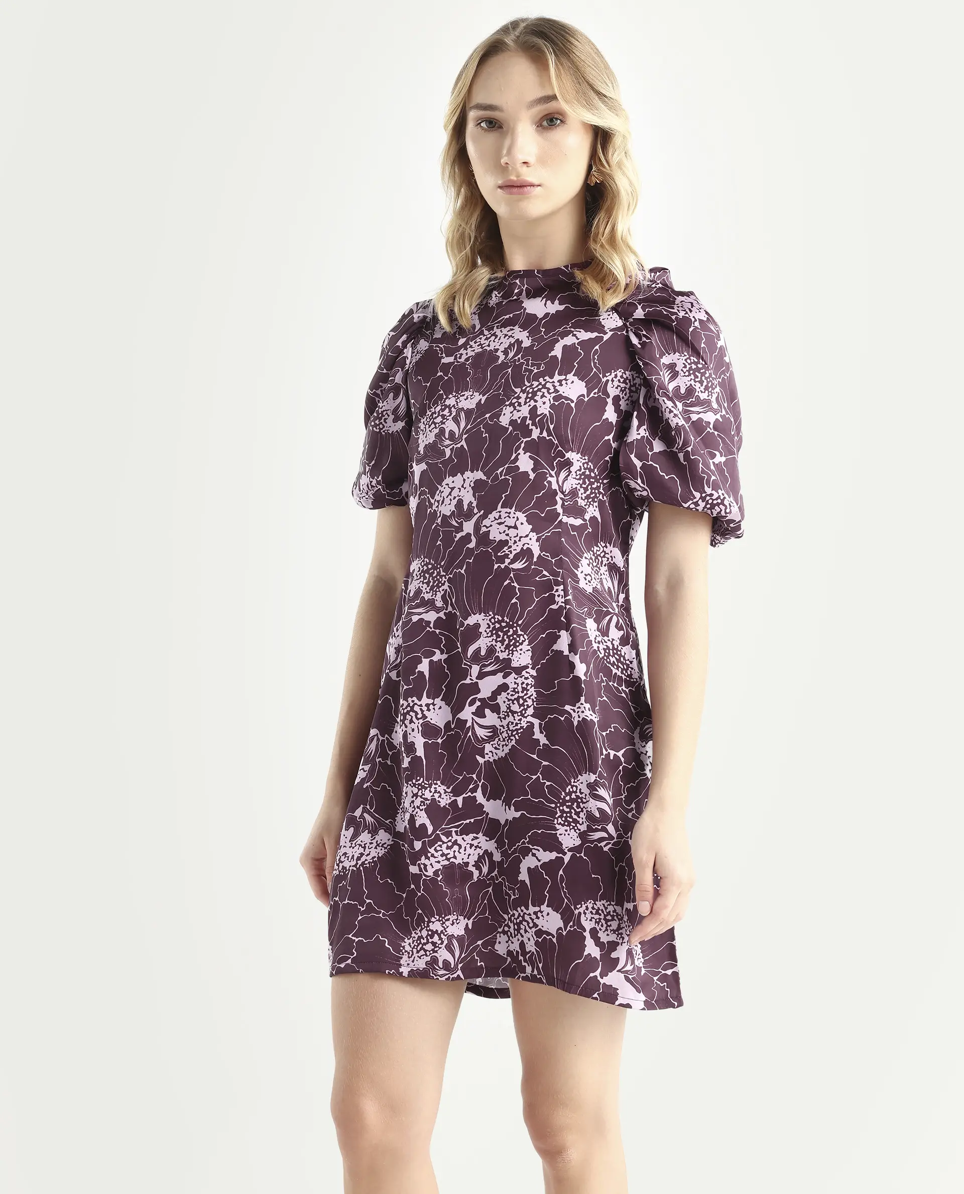 Rareism Women's Christie Dark Maroon Polyester Crew Neck Floral Print Puff Sleeves Mini Slim Fit Dress - Image 6
