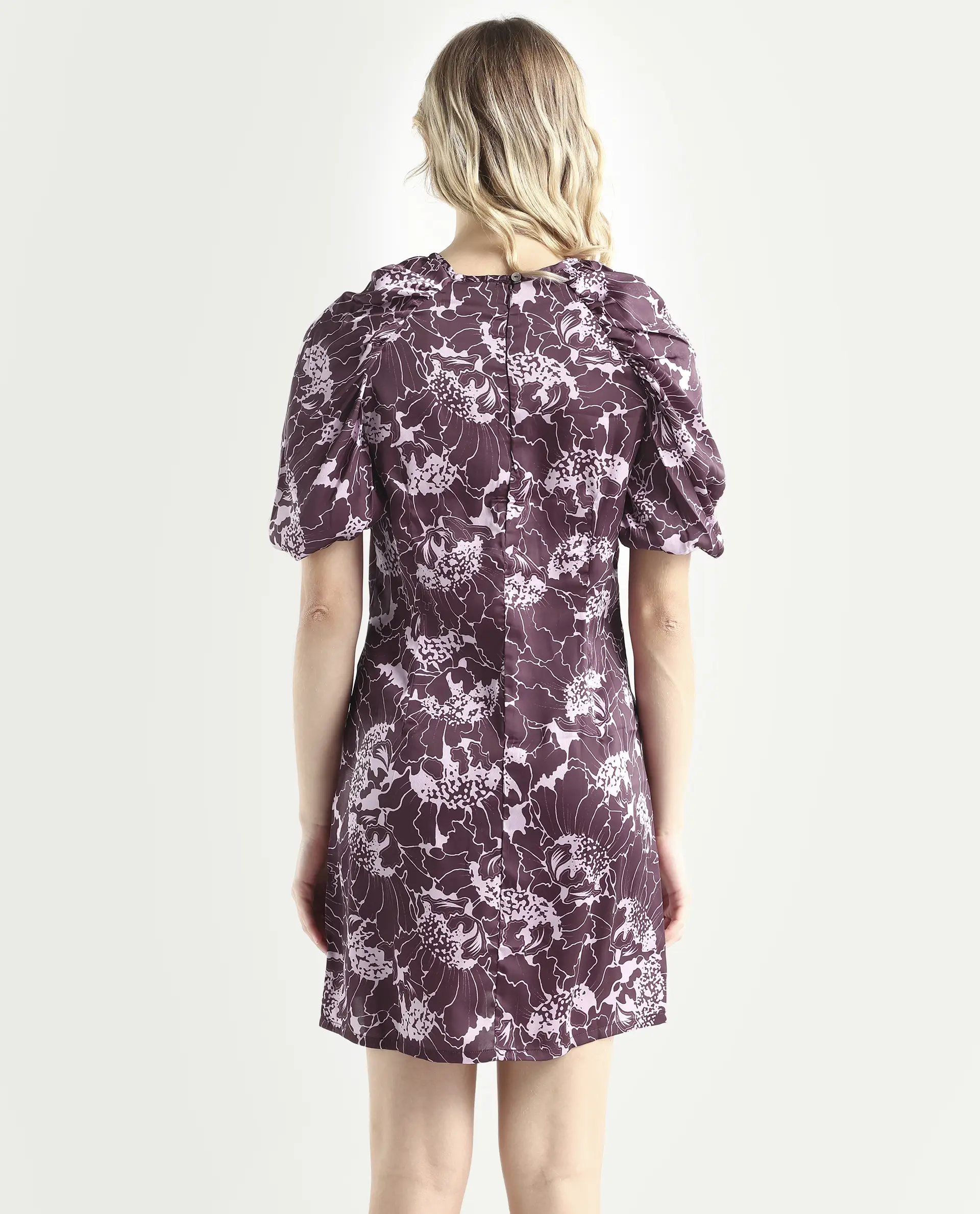 Rareism Women's Christie Dark Maroon Polyester Crew Neck Floral Print Puff Sleeves Mini Slim Fit Dress - Image 7