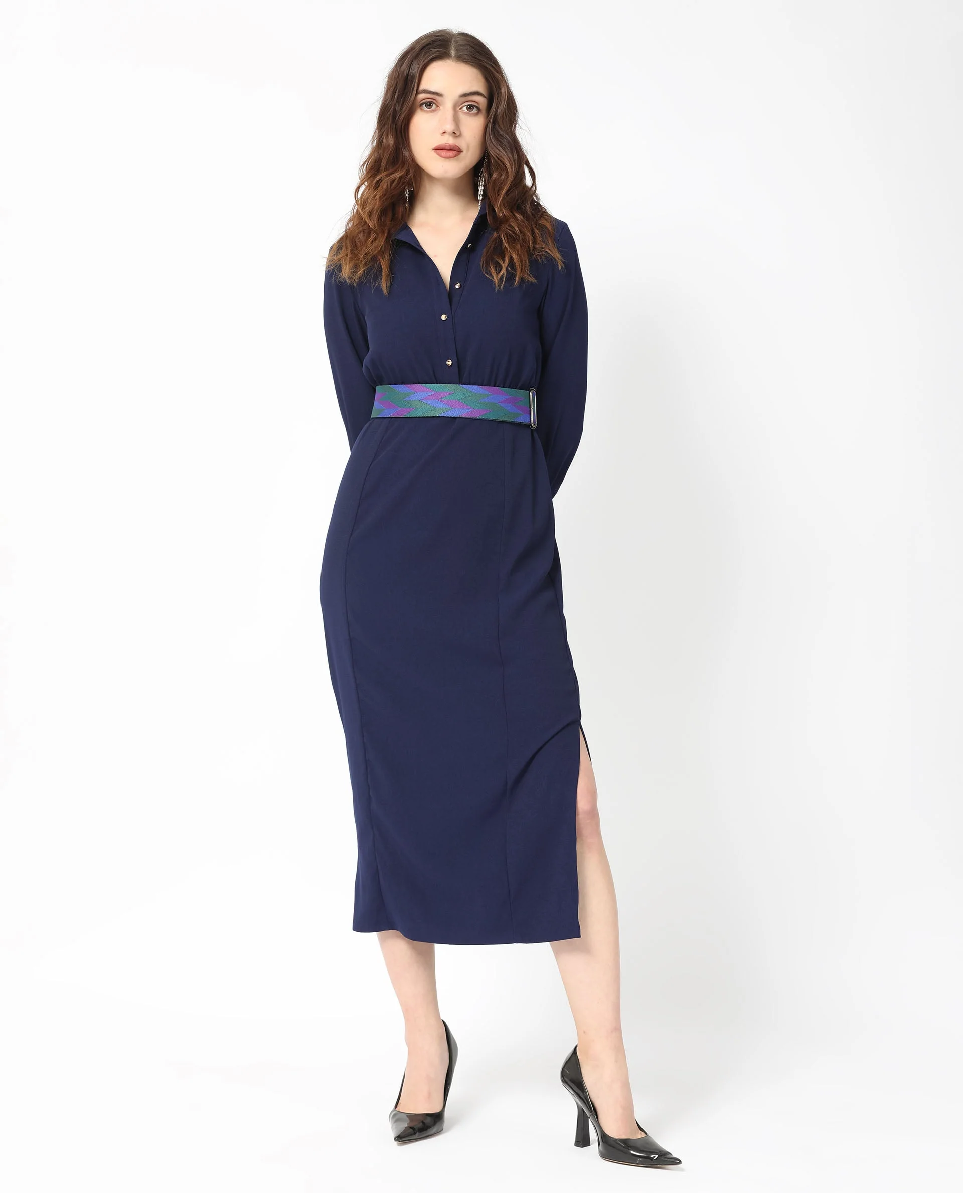 Rareism Women's Chsam Navy Polyester Blend Spread Collar Plain Maxi Regular Fit Dress