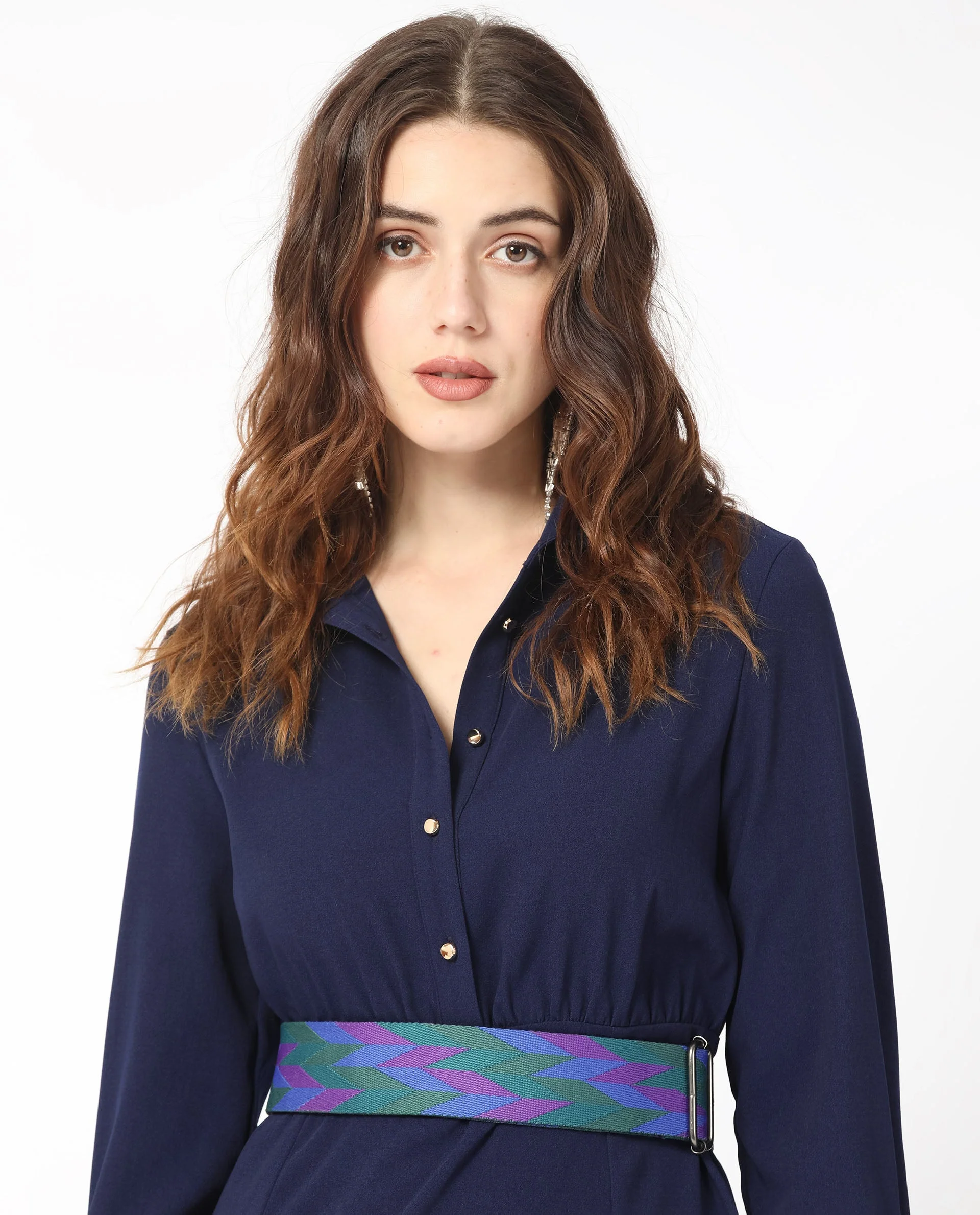 Rareism Women's Chsam Navy Polyester Blend Spread Collar Plain Maxi Regular Fit Dress - Image 2