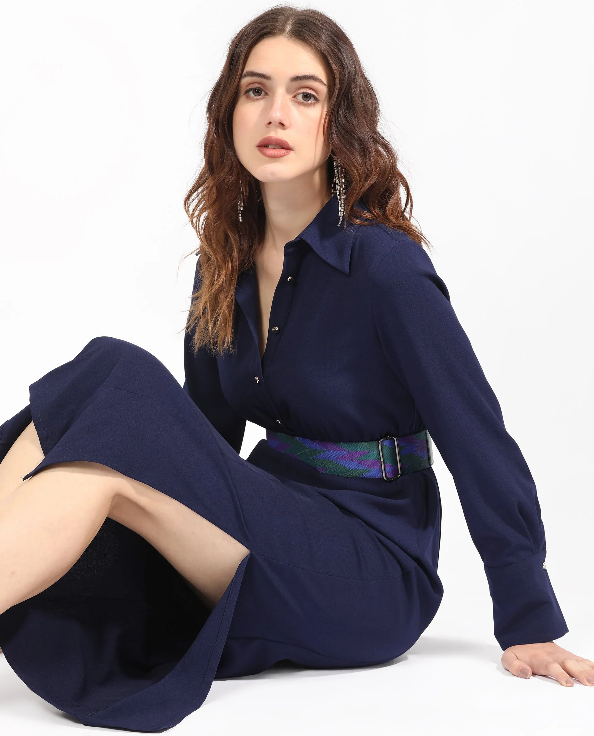Rareism Women's Chsam Navy Polyester Blend Spread Collar Plain Maxi Regular Fit Dress - Image 3