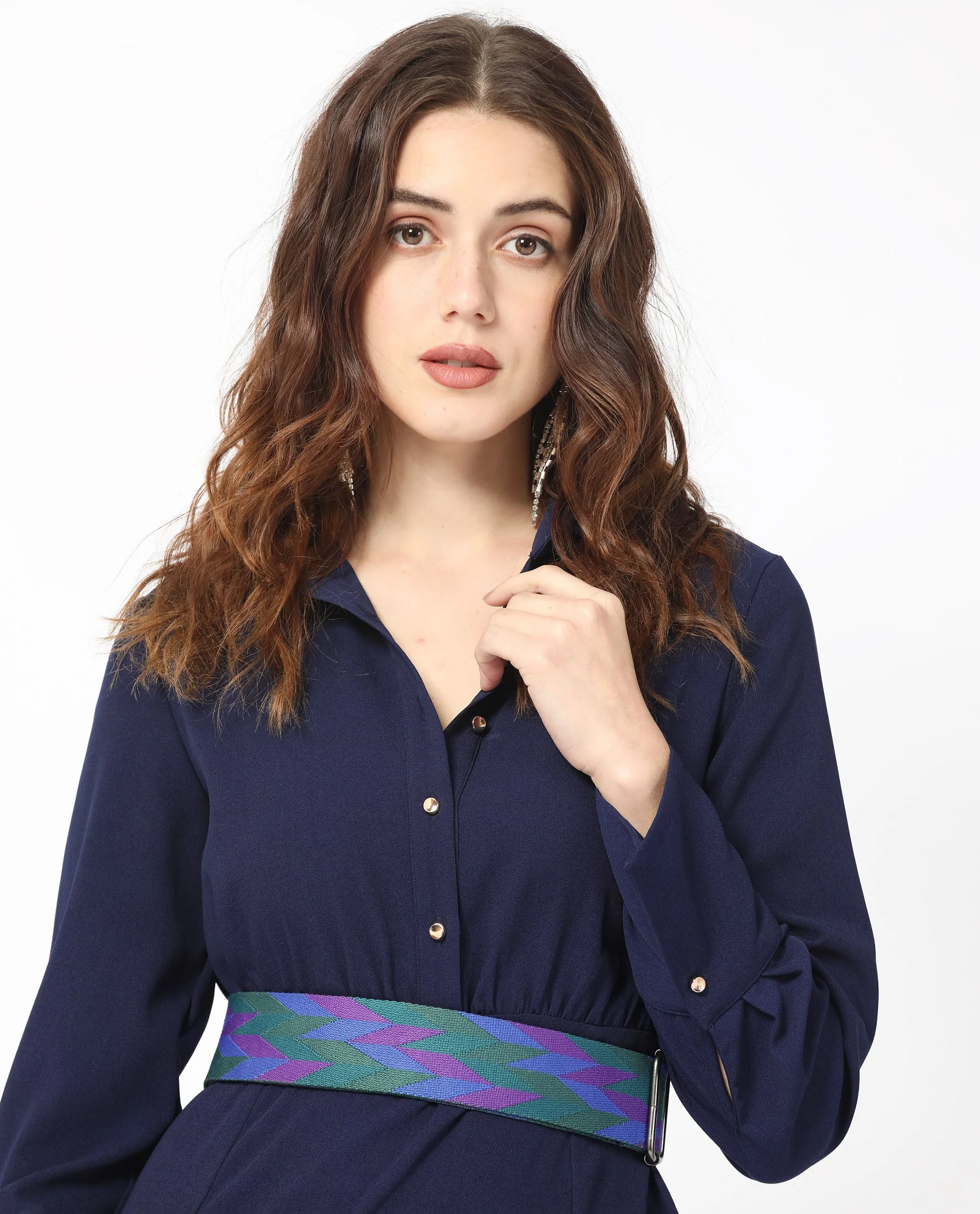 Rareism Women's Chsam Navy Polyester Blend Spread Collar Plain Maxi Regular Fit Dress - Image 4