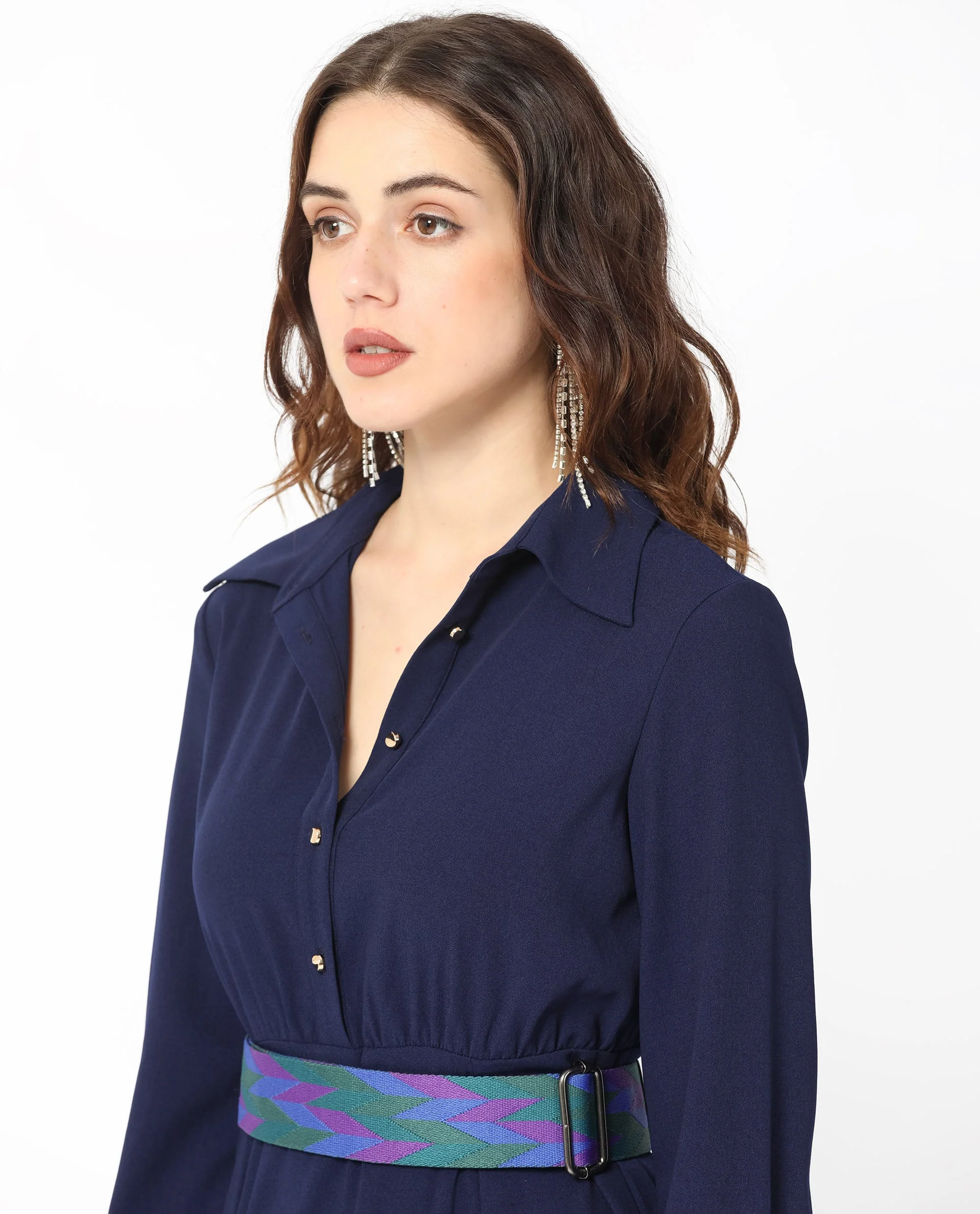 Rareism Women's Chsam Navy Polyester Blend Spread Collar Plain Maxi Regular Fit Dress - Image 5
