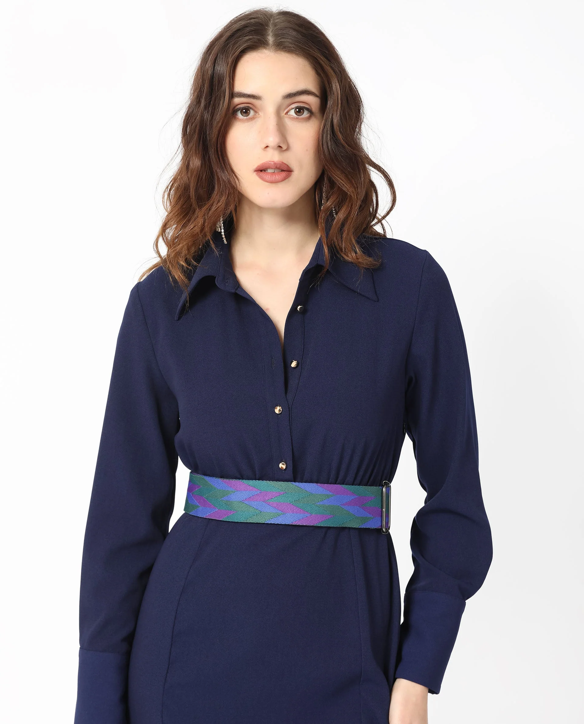 Rareism Women's Chsam Navy Polyester Blend Spread Collar Plain Maxi Regular Fit Dress - Image 6