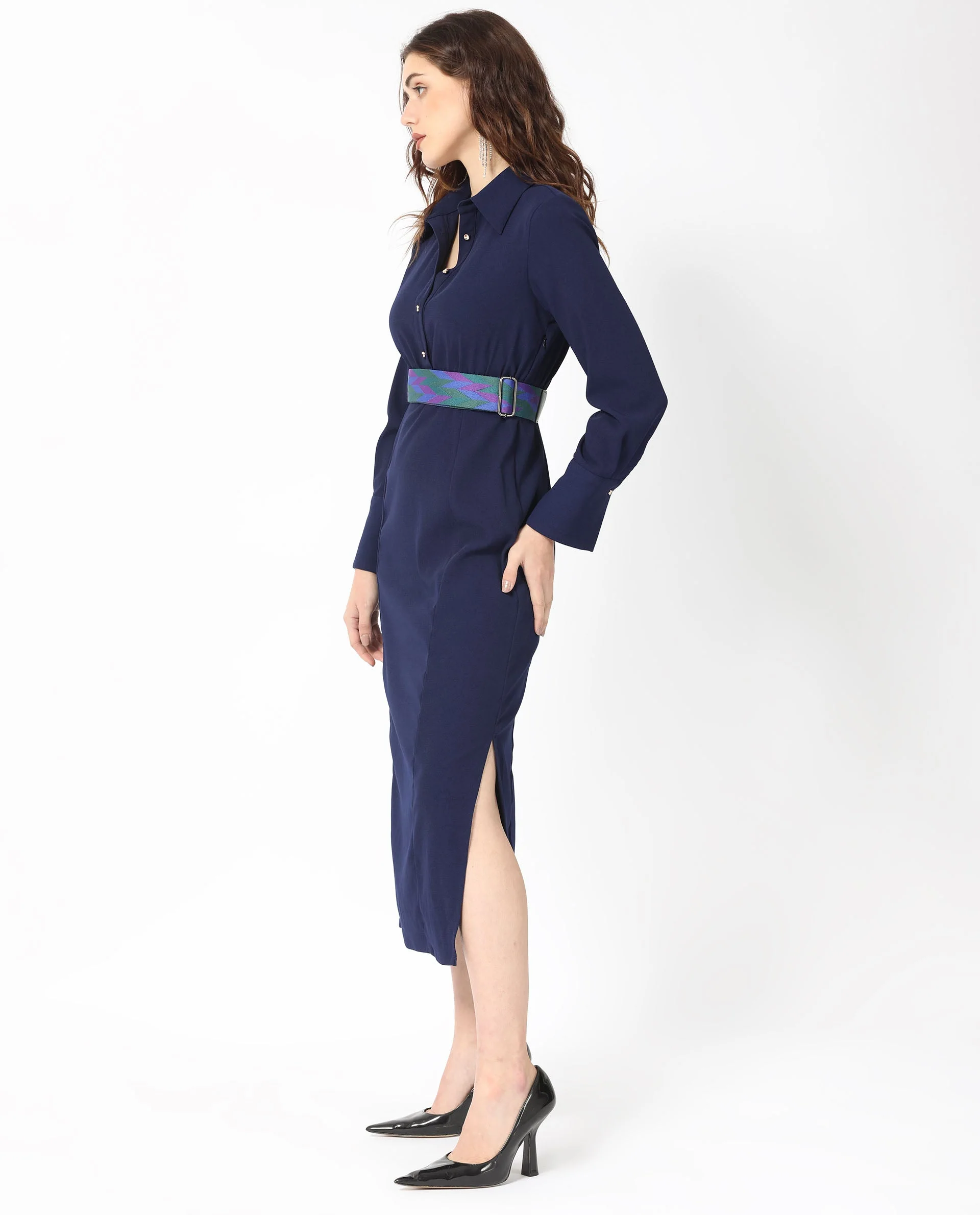 Rareism Women's Chsam Navy Polyester Blend Spread Collar Plain Maxi Regular Fit Dress - Image 7
