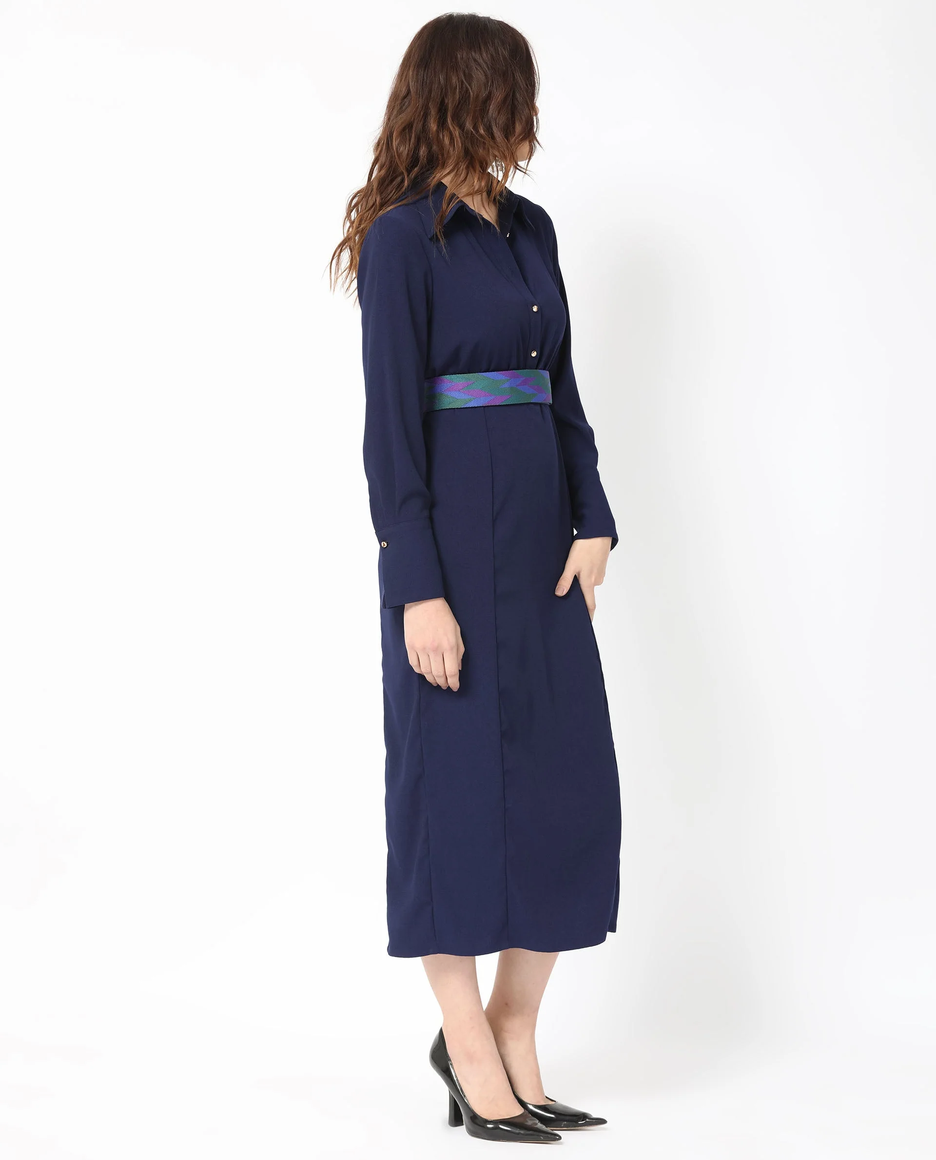 Rareism Women's Chsam Navy Polyester Blend Spread Collar Plain Maxi Regular Fit Dress - Image 8