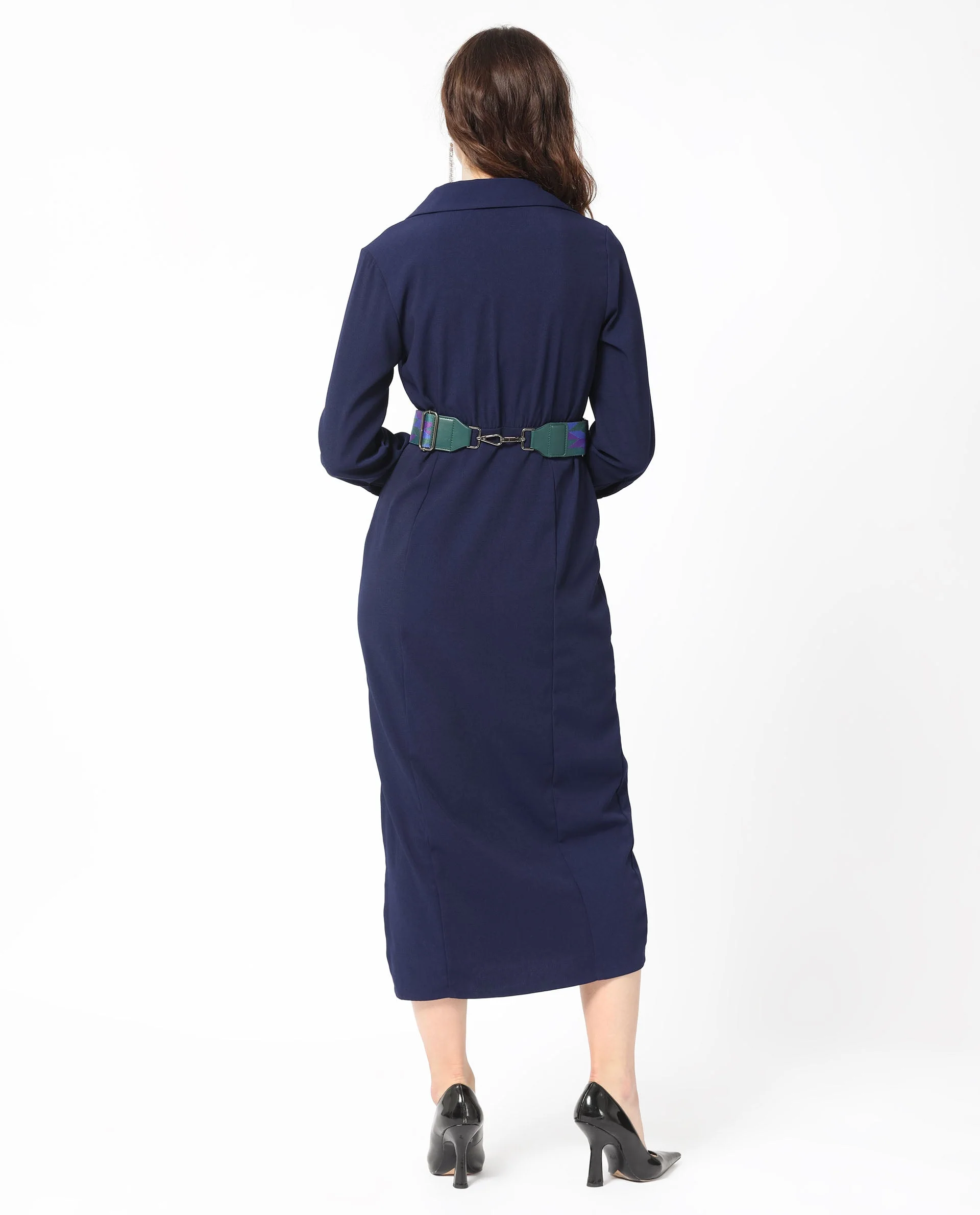 Rareism Women's Chsam Navy Polyester Blend Spread Collar Plain Maxi Regular Fit Dress - Image 9
