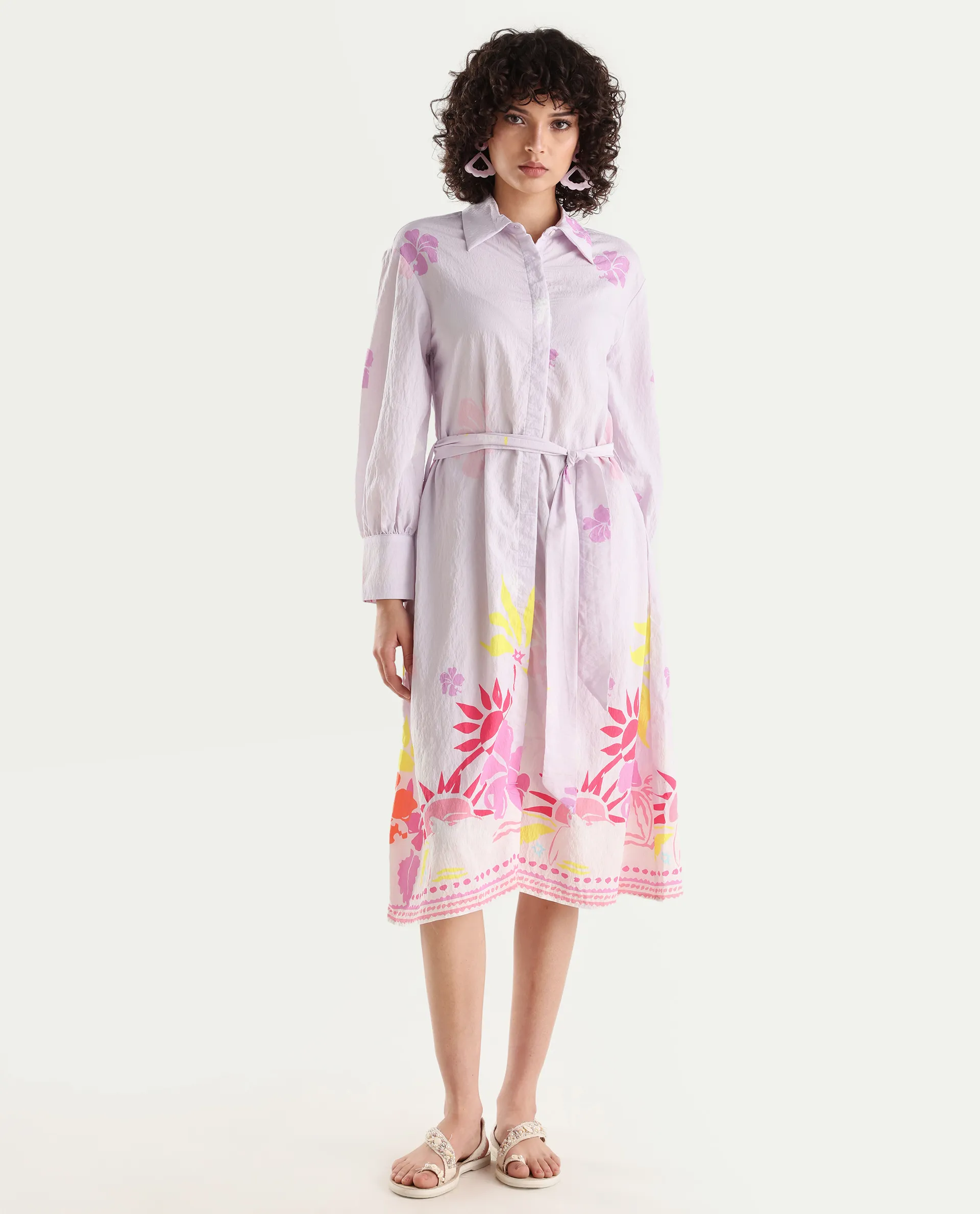 Rareism Women's Chunker Off White Rayon Drop Collar Floral Print Cuffed Sleeve Midi A-Line Dress - Image 2