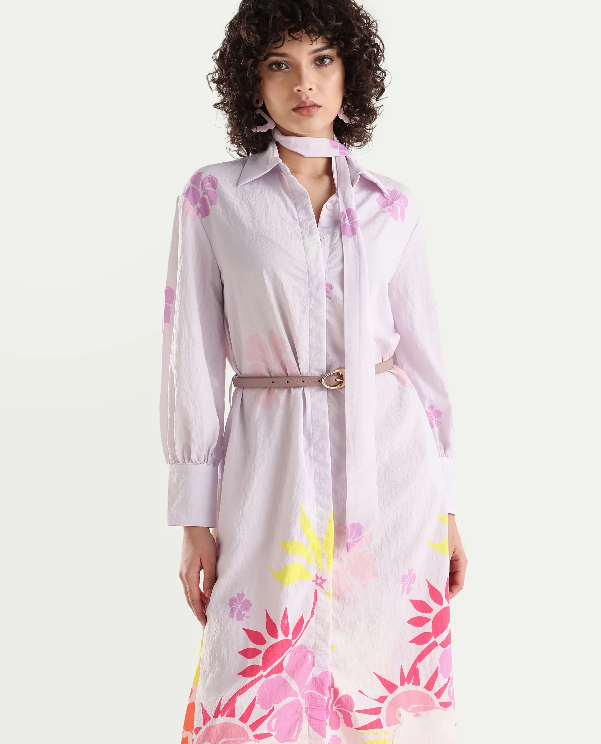 Rareism Women's Chunker Off White Rayon Drop Collar Floral Print Cuffed Sleeve Midi A-Line Dress - Image 3
