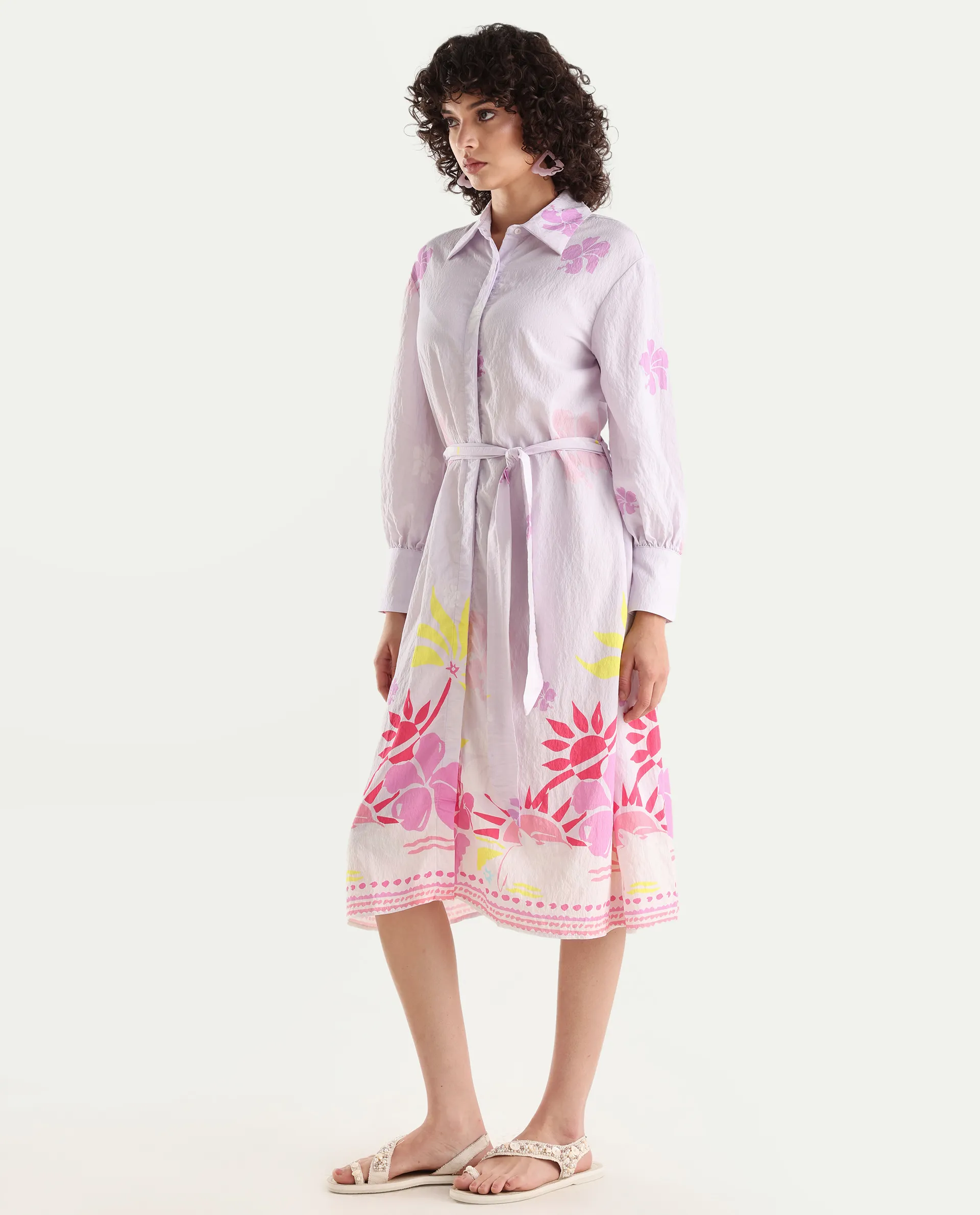 Rareism Women's Chunker Off White Rayon Drop Collar Floral Print Cuffed Sleeve Midi A-Line Dress - Image 5