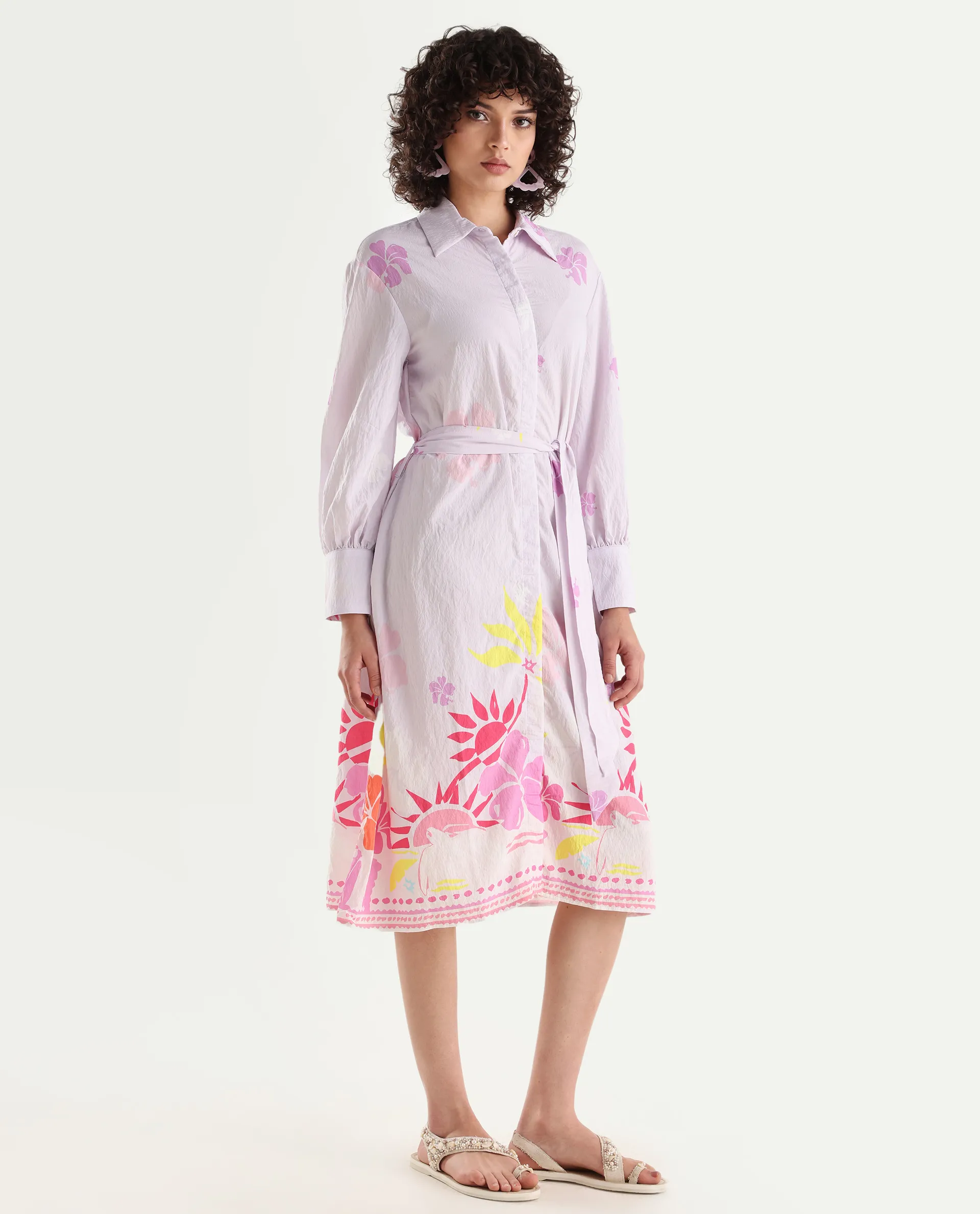 Rareism Women's Chunker Off White Rayon Drop Collar Floral Print Cuffed Sleeve Midi A-Line Dress - Image 6