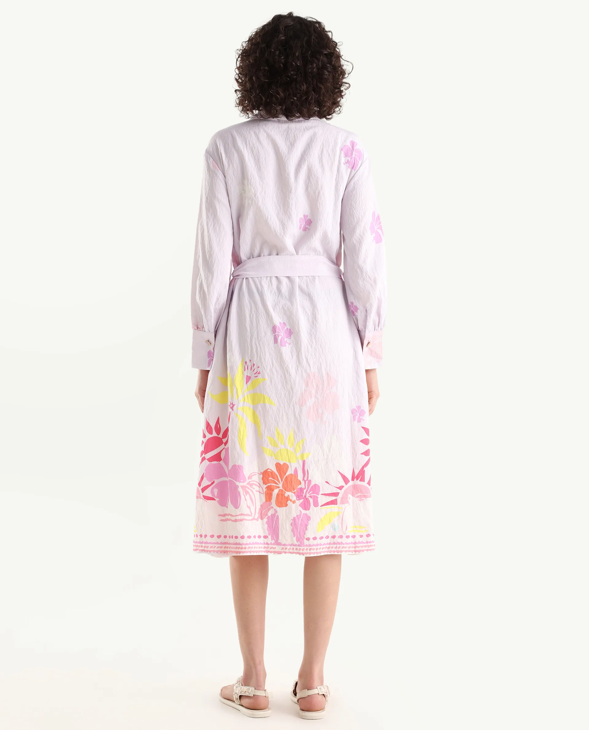 Rareism Women's Chunker Off White Rayon Drop Collar Floral Print Cuffed Sleeve Midi A-Line Dress - Image 7