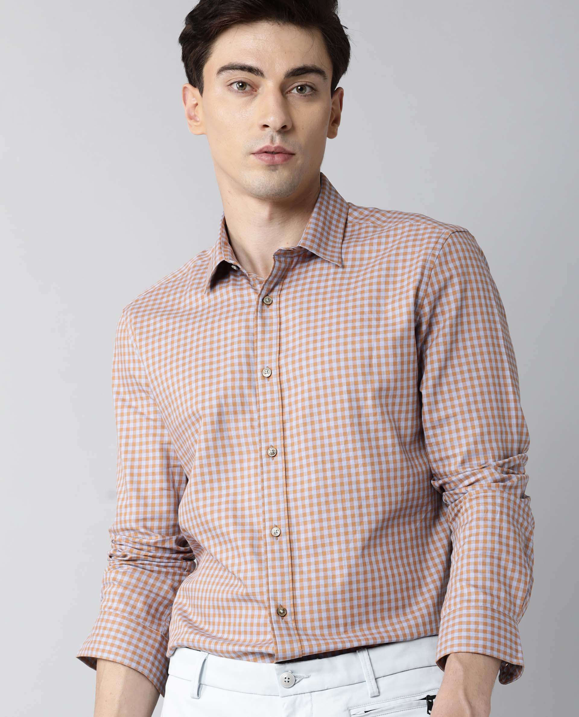 Rare Rabbit Men's Churn Mustard Cotton Checked Print Regular Fit Full Sleeve Spread Collar Shirt - Image 2