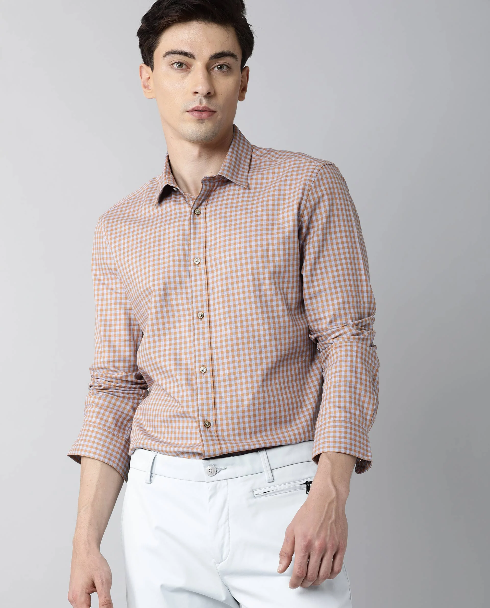 Rare Rabbit Men's Churn Mustard Cotton Checked Print Regular Fit Full Sleeve Spread Collar Shirt - Image 3