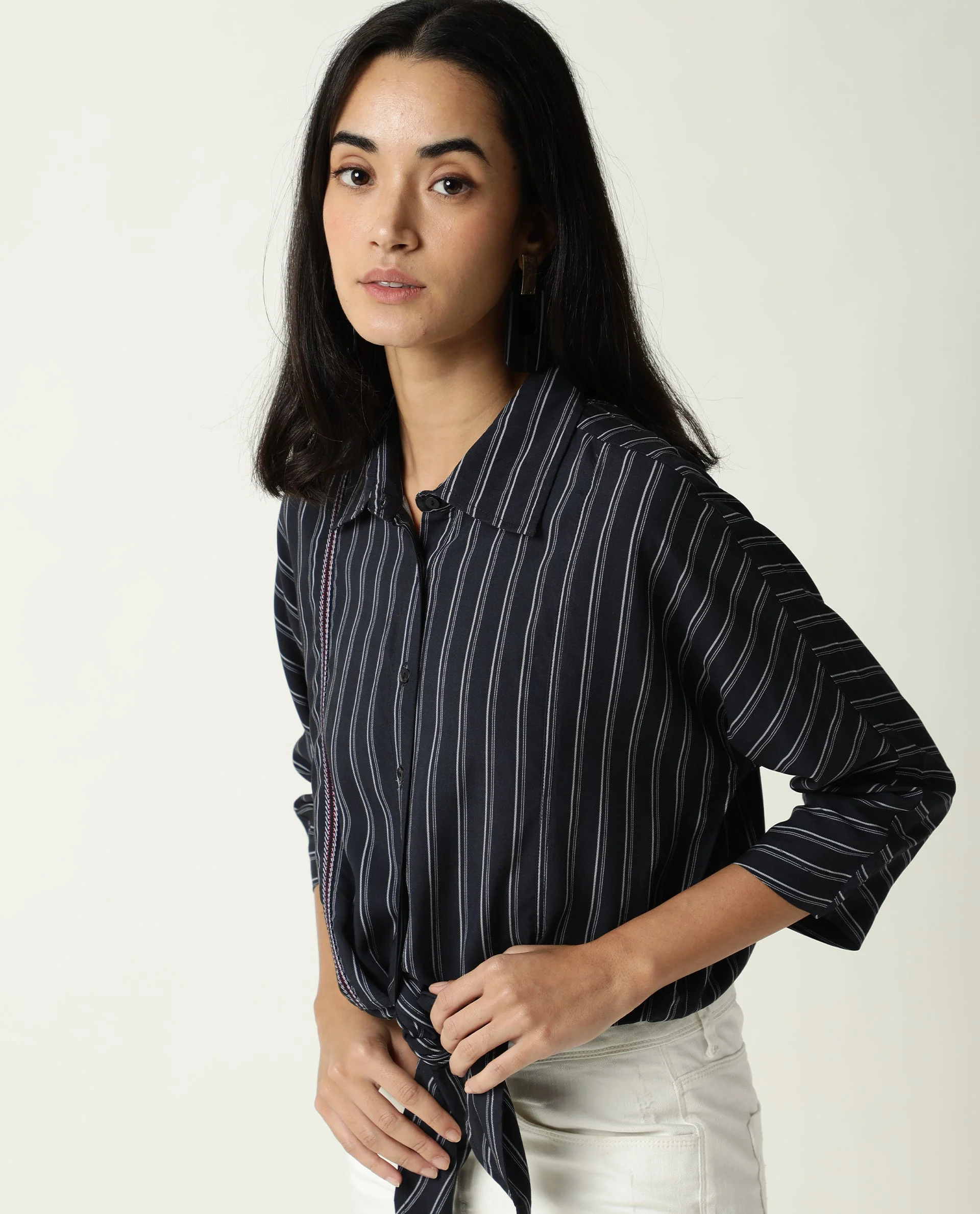 Rareism Women's Cia Navy Viscose Spread Collar Striped Regular Fit Top