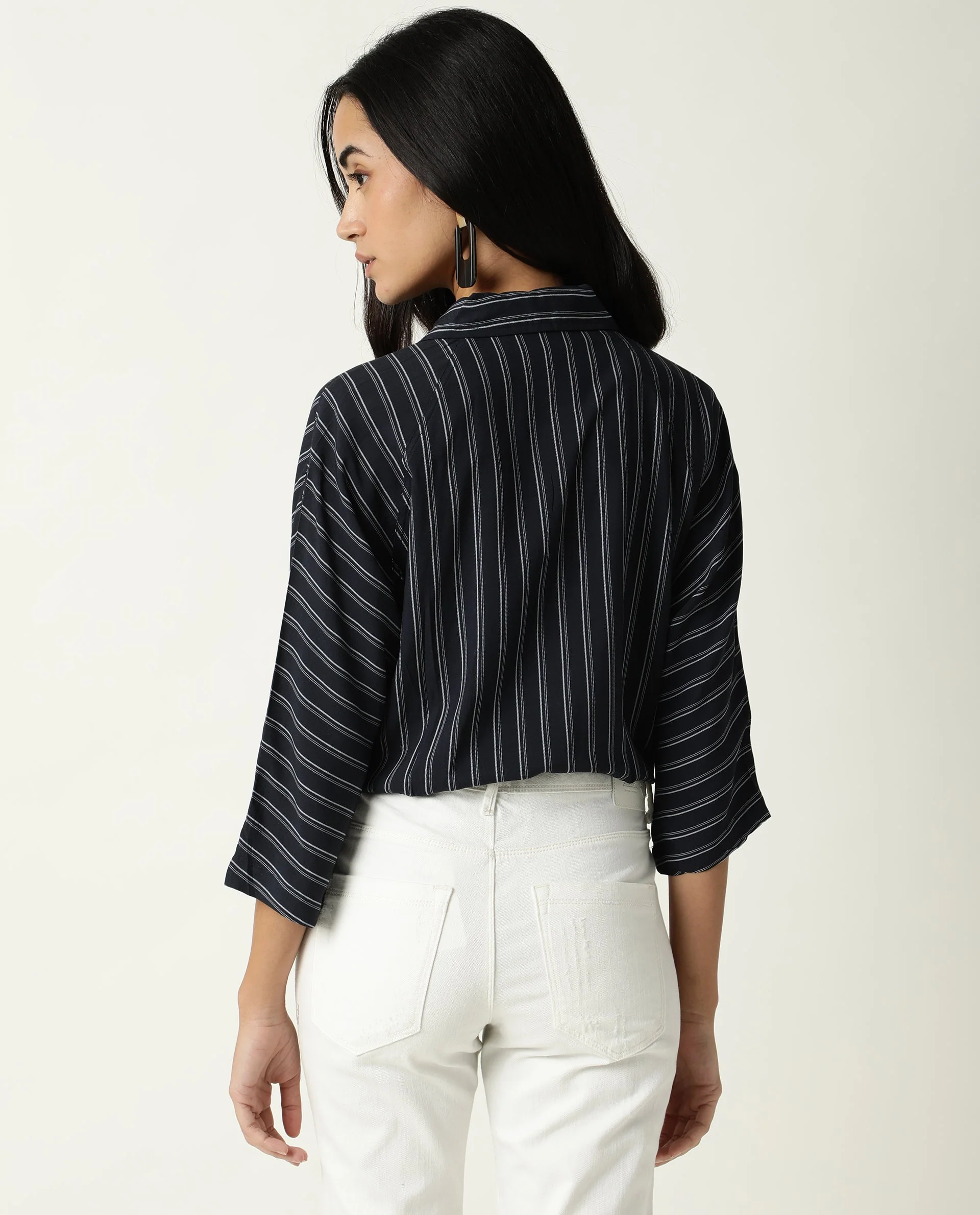 Rareism Women's Cia Navy Viscose Spread Collar Striped Regular Fit Top - Image 10