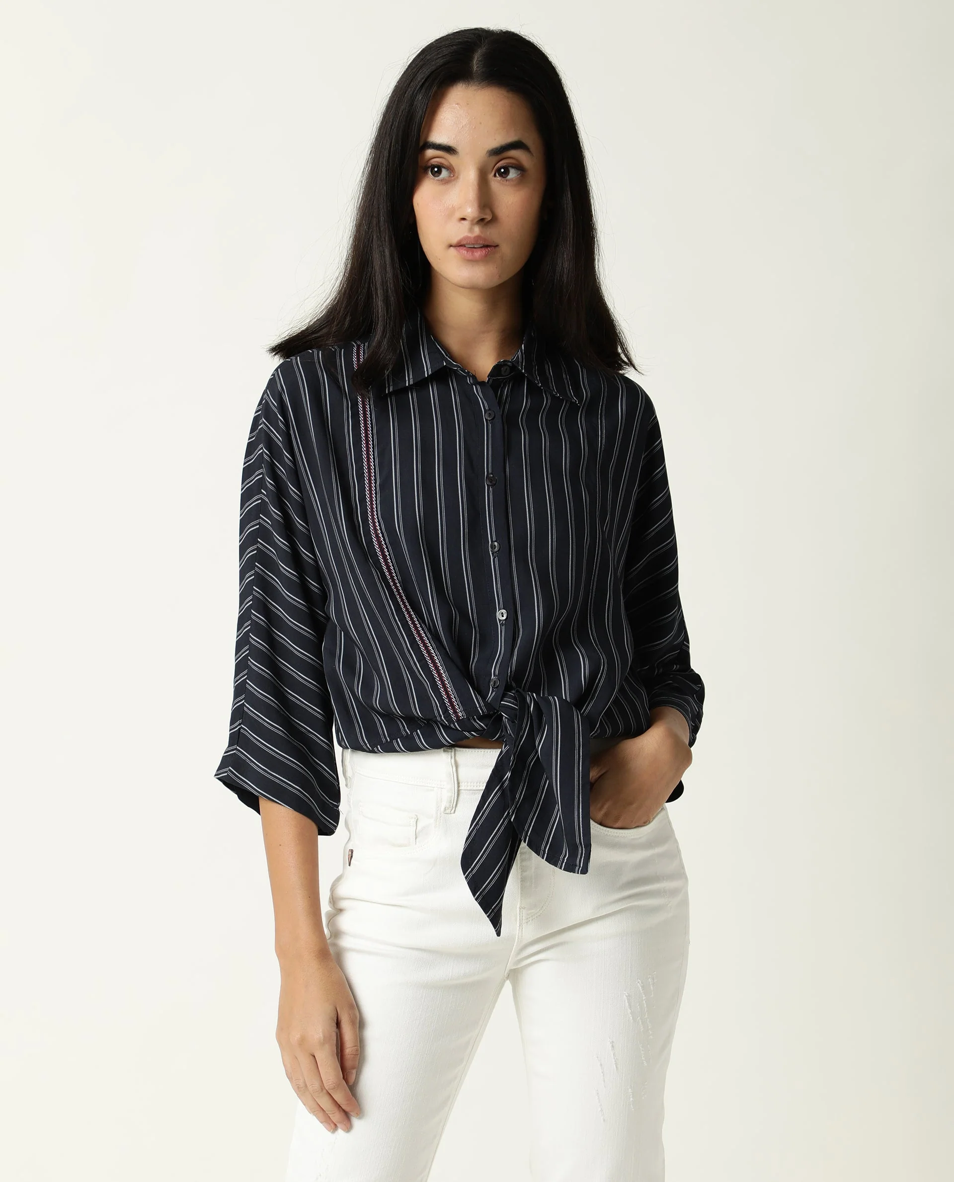 Rareism Women's Cia Navy Viscose Spread Collar Striped Regular Fit Top - Image 2