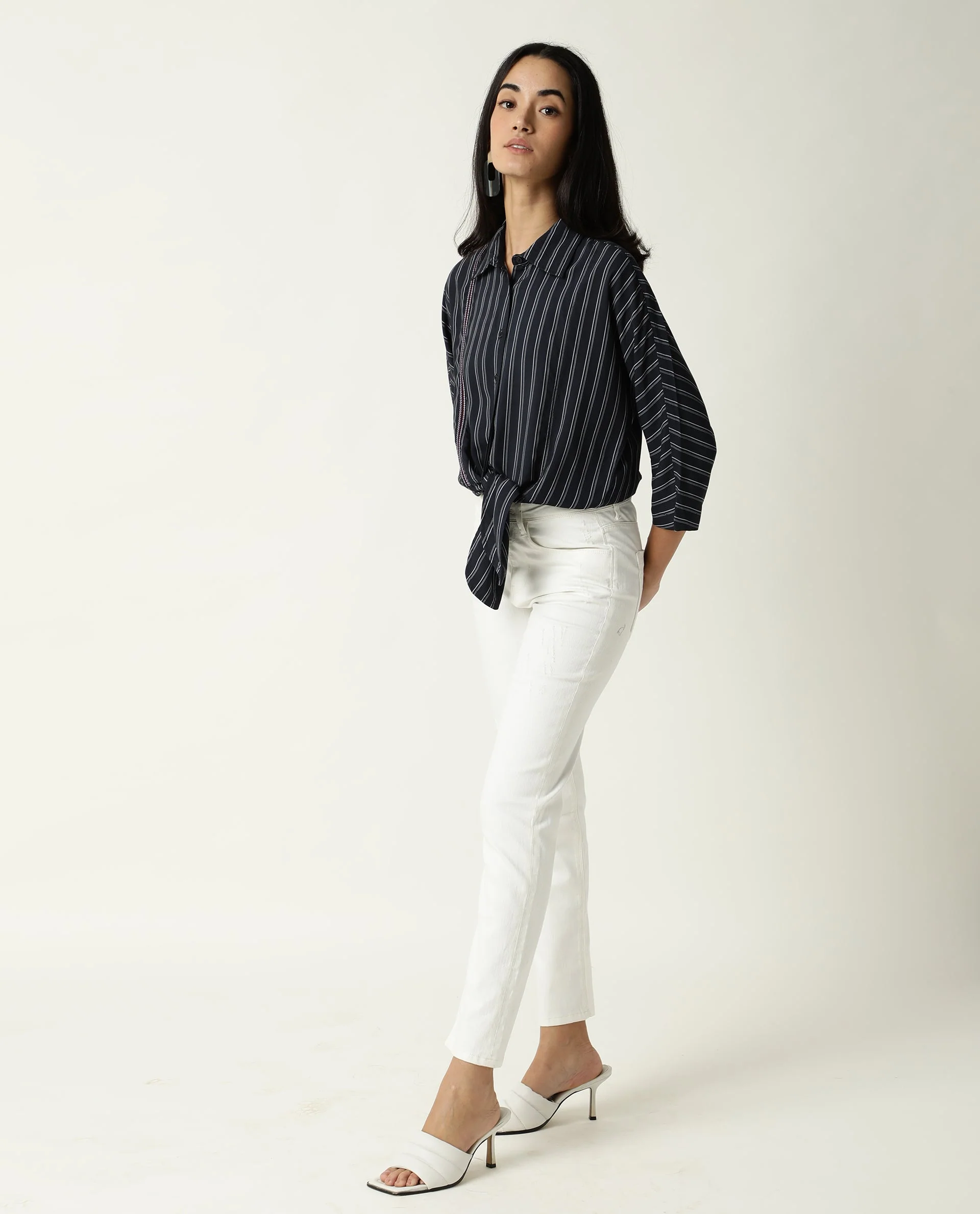 Rareism Women's Cia Navy Viscose Spread Collar Striped Regular Fit Top - Image 3